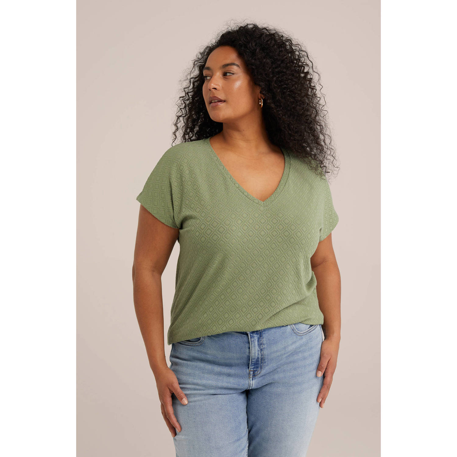 WE Fashion Curve T-shirt met textuur olijfgroen