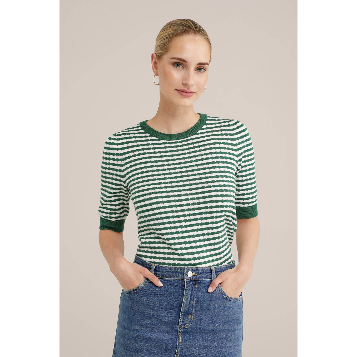WE Fashion gestreepte gebreide top donkergroen wit