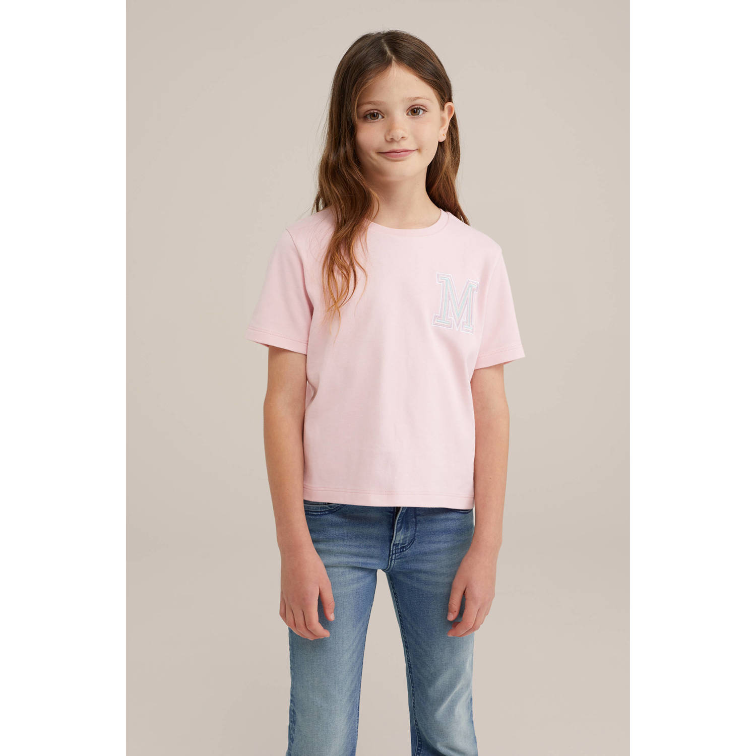 WE Fashion T-shirt met printopdruk en borduursels lichtroze Meisjes Katoen Ronde hals 110 116