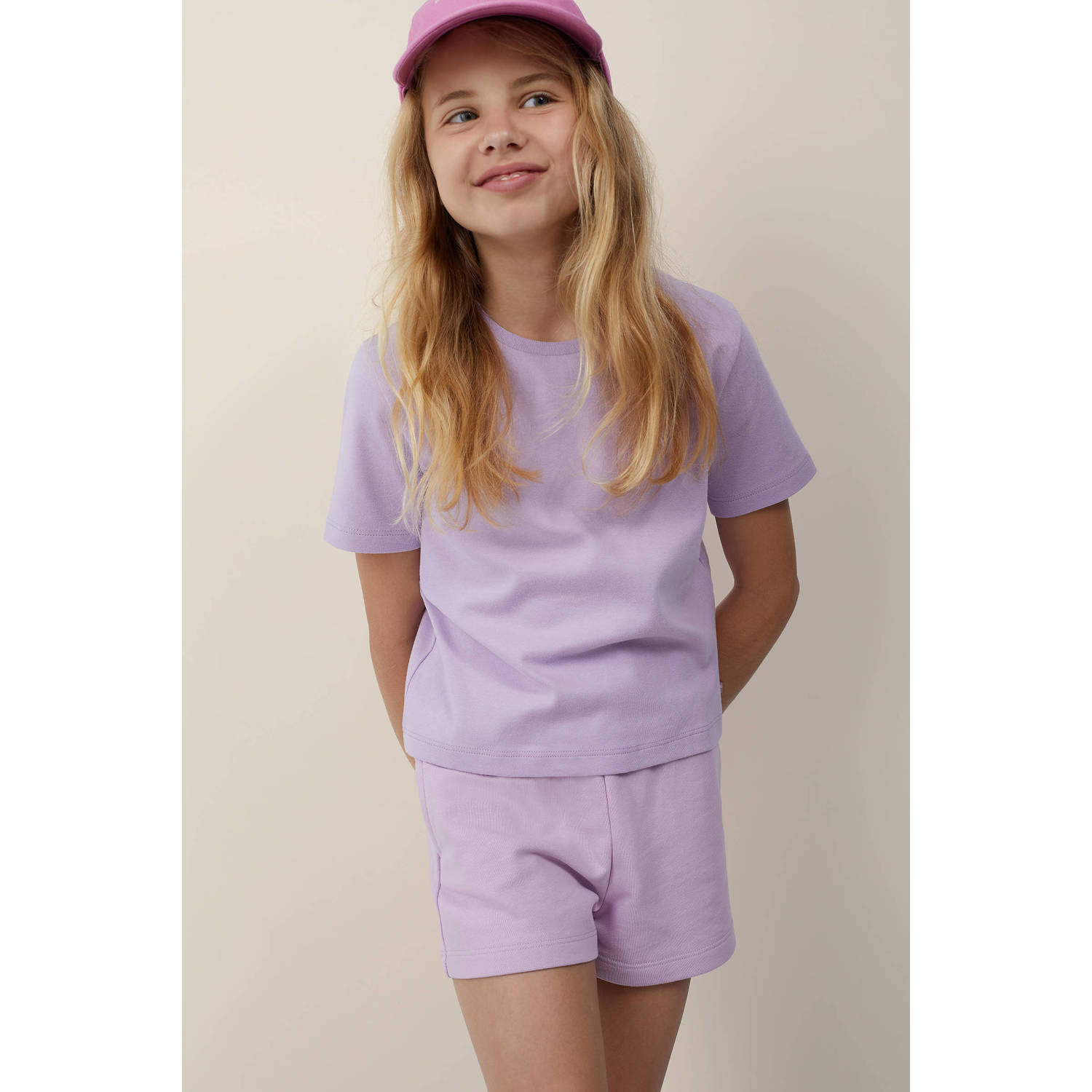 WE Fashion T-shirt lila Paars Meisjes Katoen Ronde hals Effen 122 128