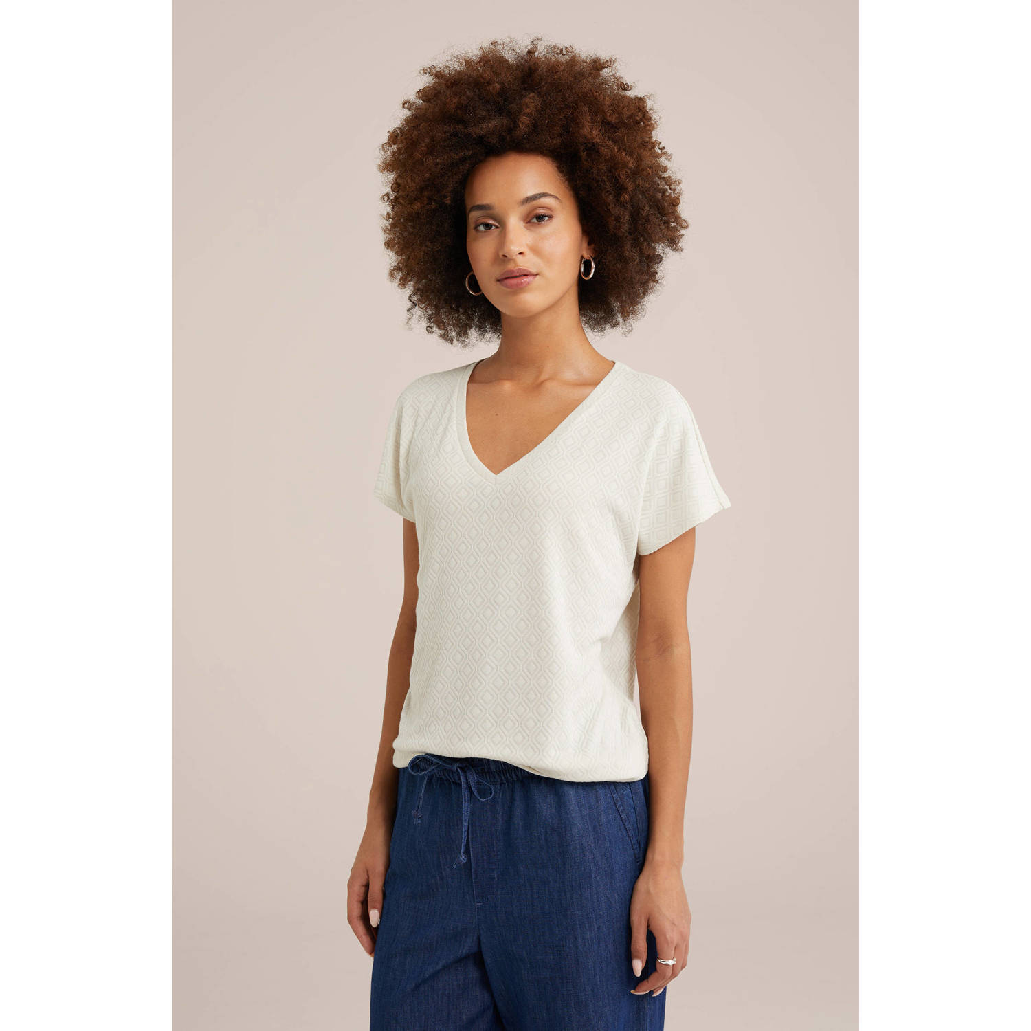 WE Fashion T-shirt met ingebreid patroon ecru