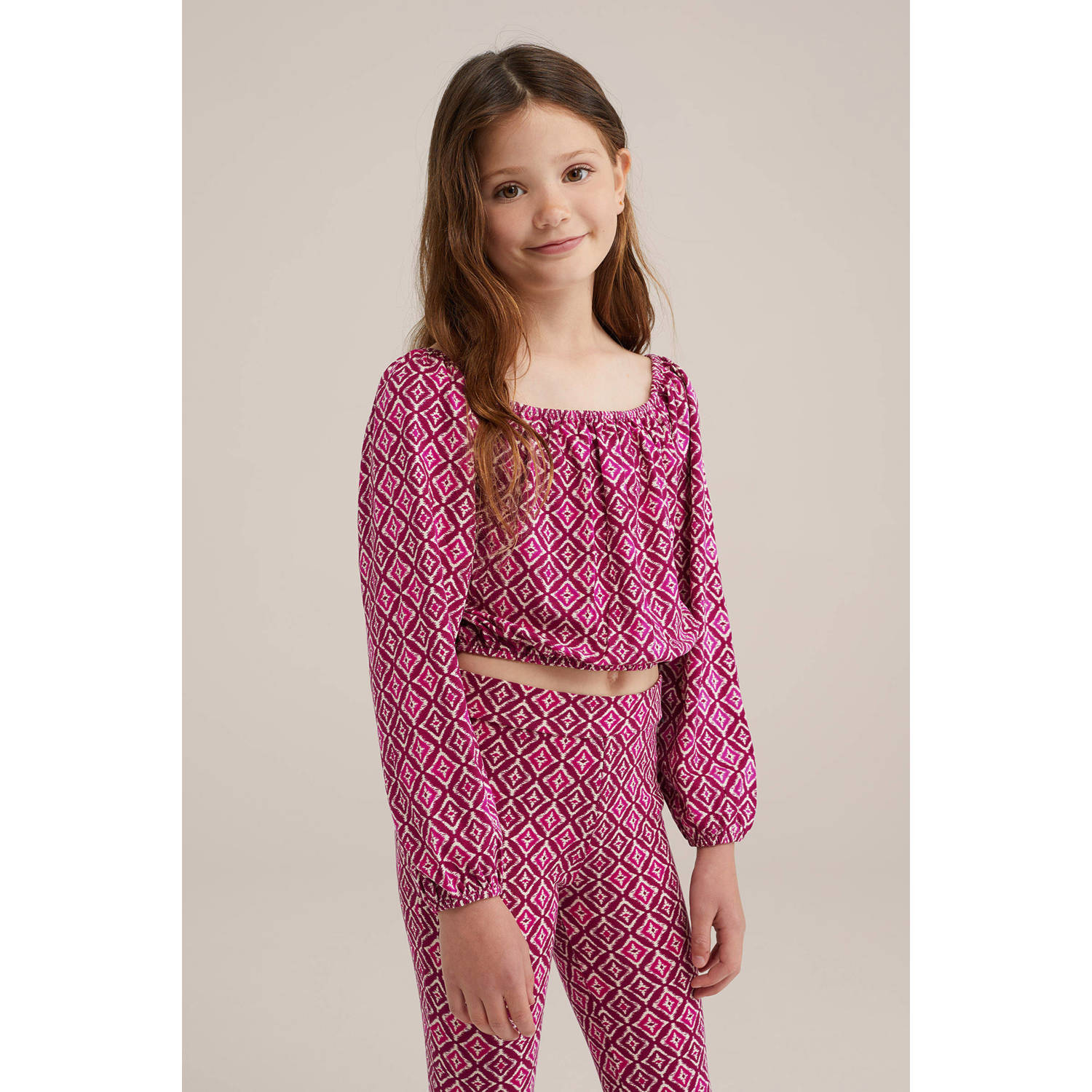 WE Fashion top met all over print roze donkerroze wit Meisjes Viscose Off shoulder 134 140