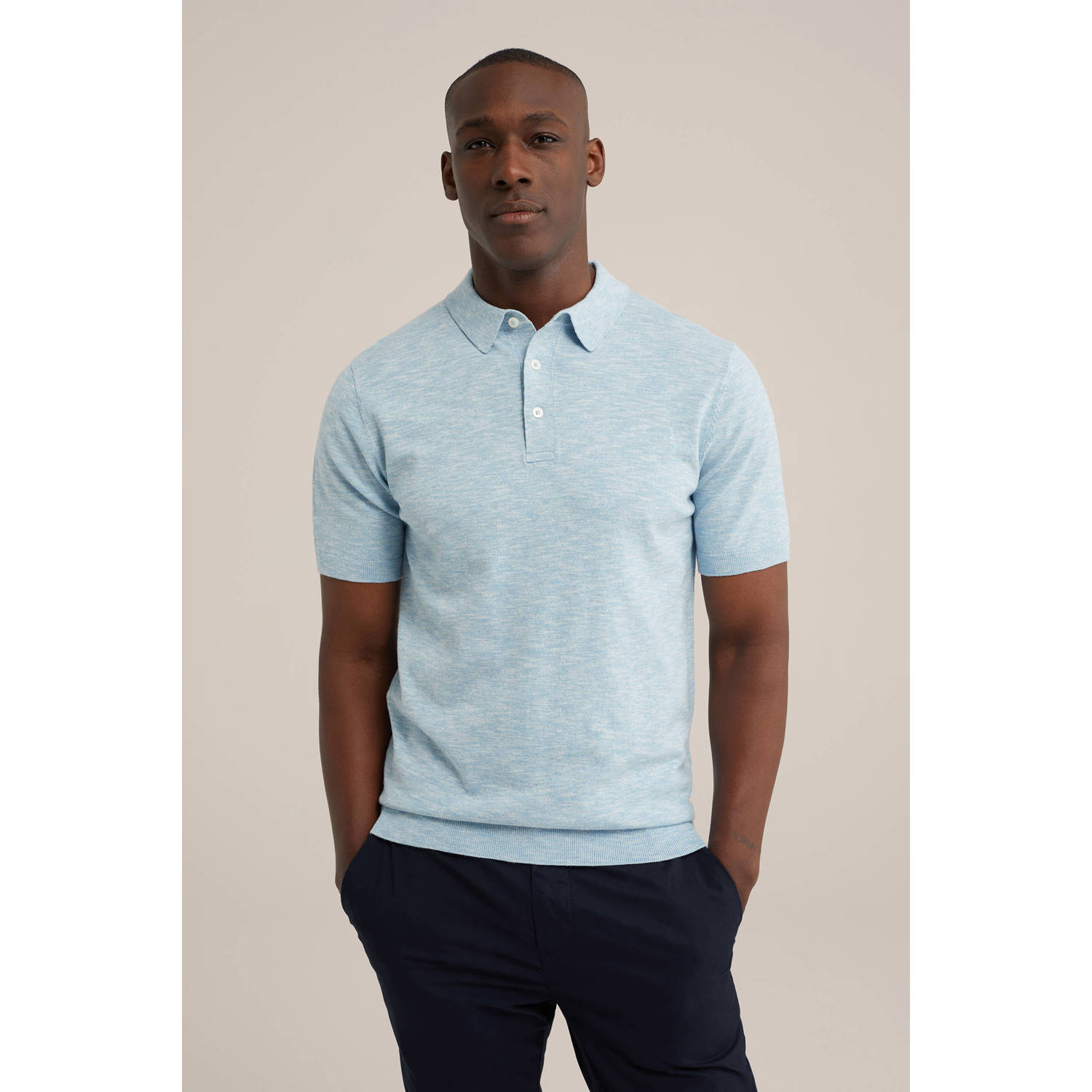 WE Fashion polo fijn gebreid lichtblauw