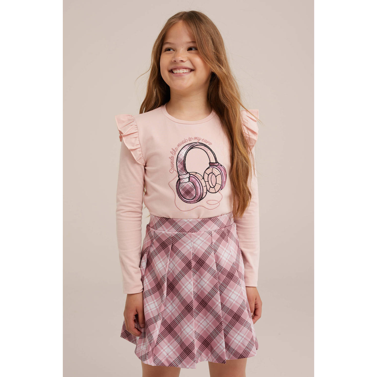 WE Fashion gestreepte longsleeve pink marshmallow Roze Meisjes Stretchkatoen Ronde hals 134 140