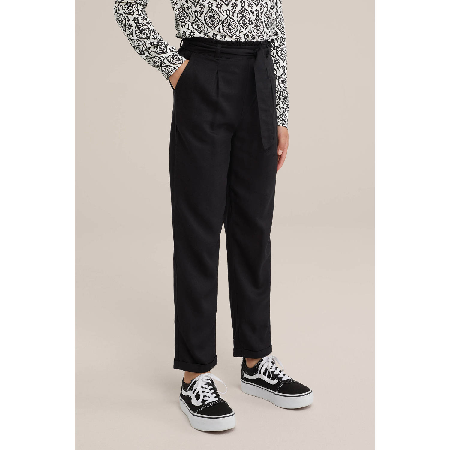 WE Fashion tapered fit broek zwart Meisjes Viscose Effen 128