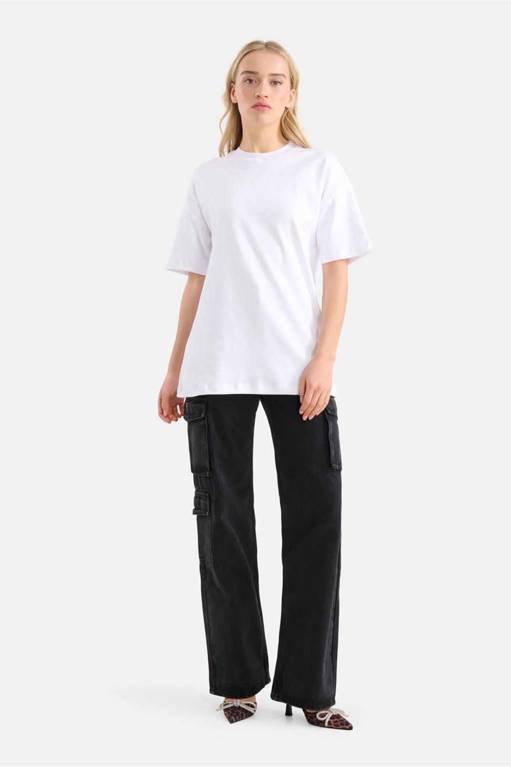 Witte dames Shoeby T-shirt van katoen met effen, korte mouwen en ronde hals