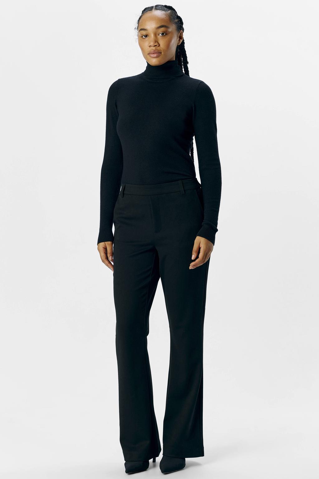Zwarte dames OBJECT flared broek van polyester met regular waist, elastische tailleband en effen