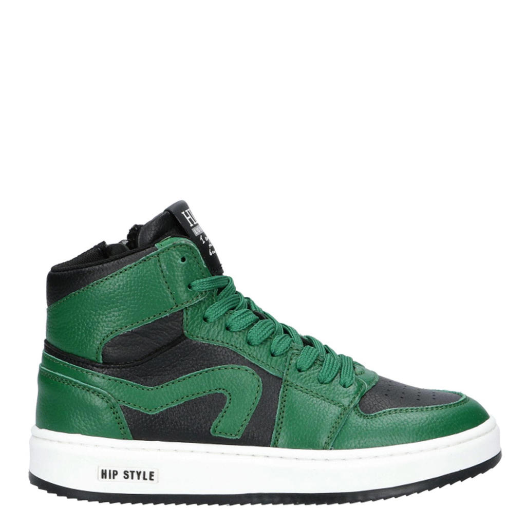 Zwart en groene jongens Hip leren sneakers met rits- en vetersluiting