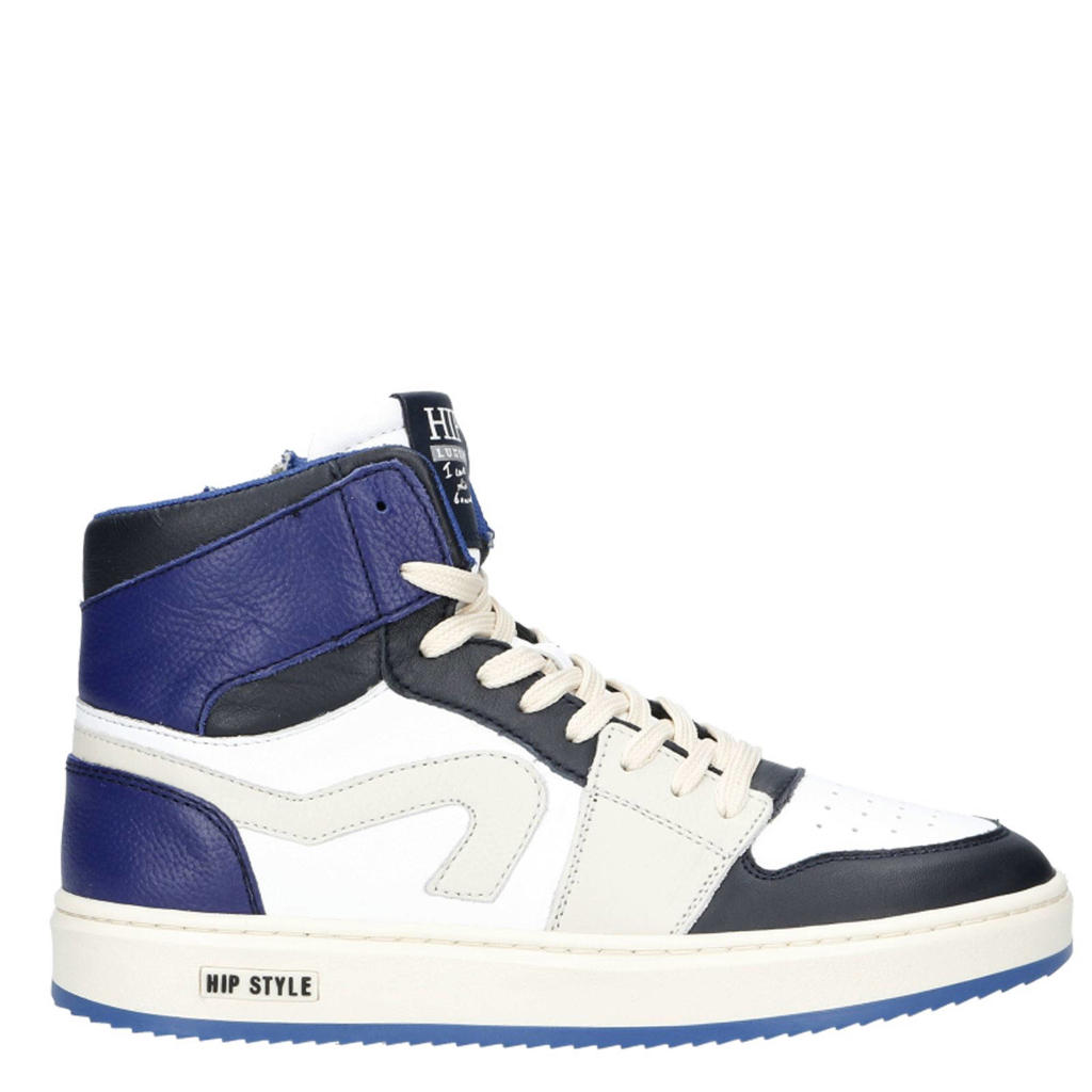 Blauw, wit en zwarte jongens Hip leren sneakers met rits- en vetersluiting