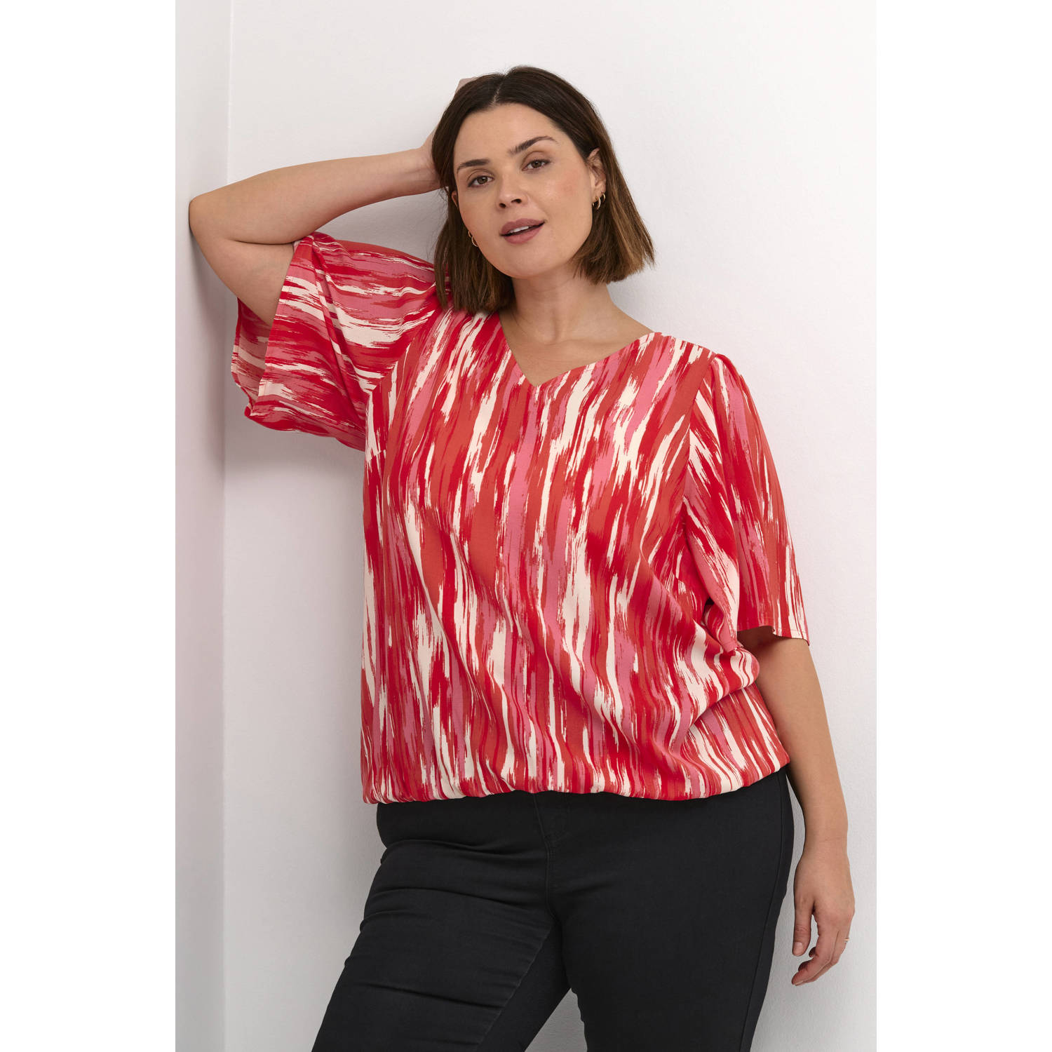 Kaffe Curve blousetop KAariana met all over print roze koraalrood ecru