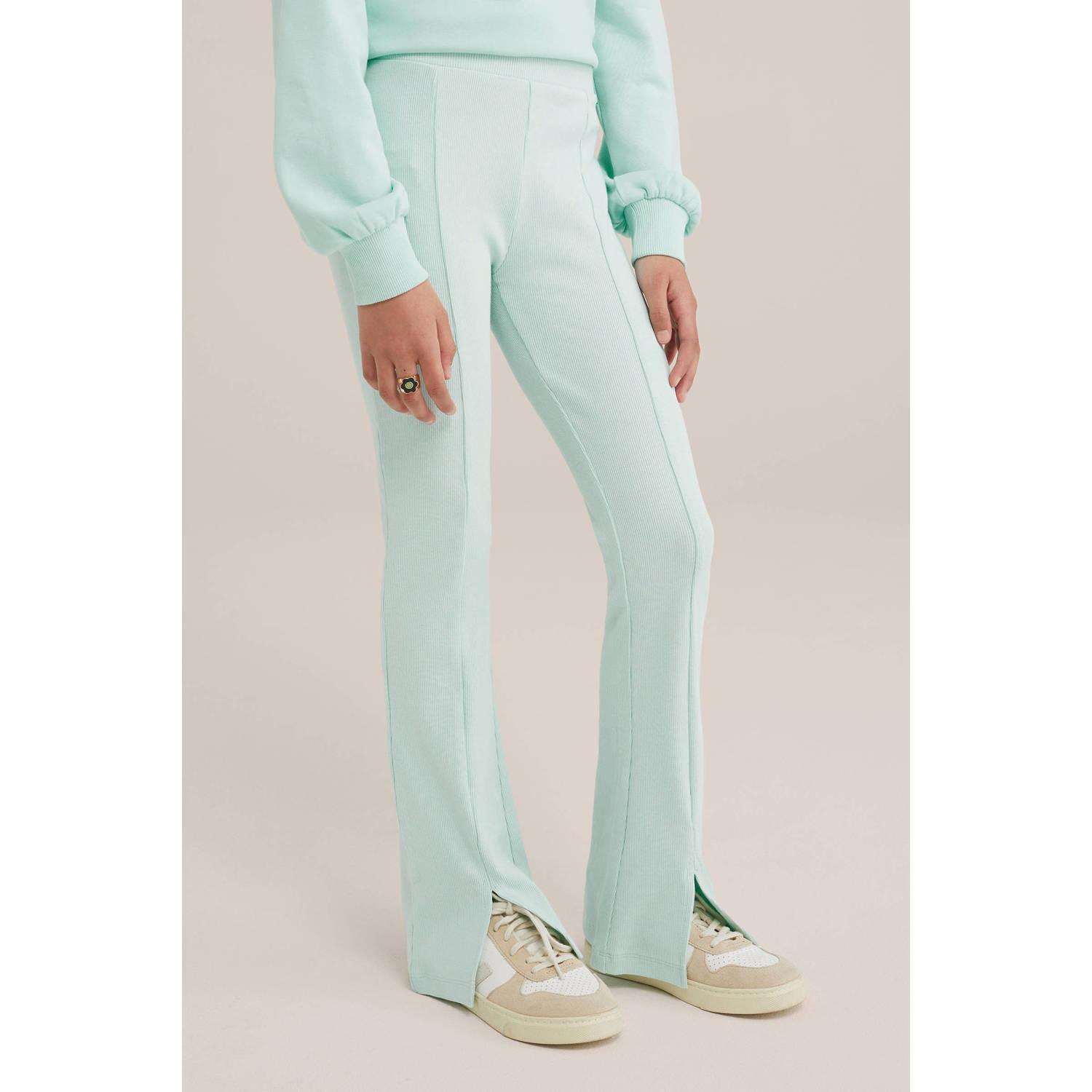 WE Fashion flared broek mintgroen Meisjes Stretchkatoen Effen 104