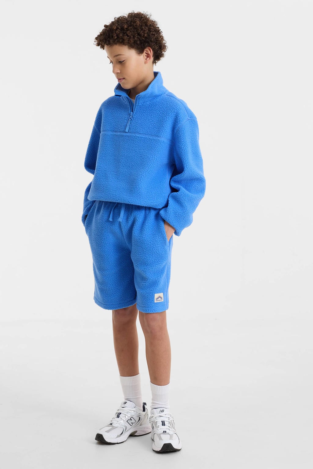 Blauwe jongens anytime teddy fleece short van polyester met elastische tailleband met koord en effen