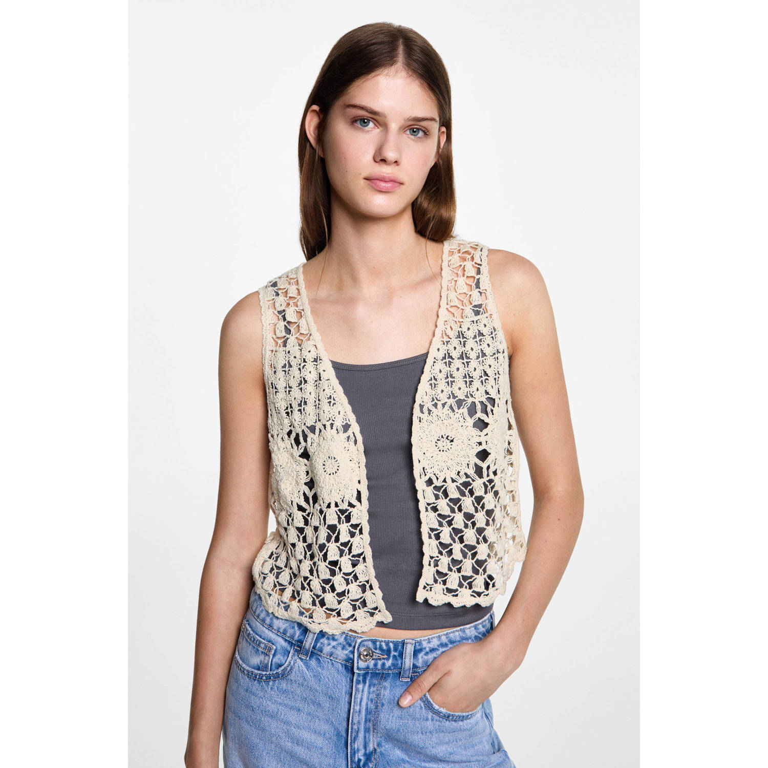 MANGO TEENS gehaakt gilet beige Meisjes Polyester Openvallende hals Effen 158(XS)