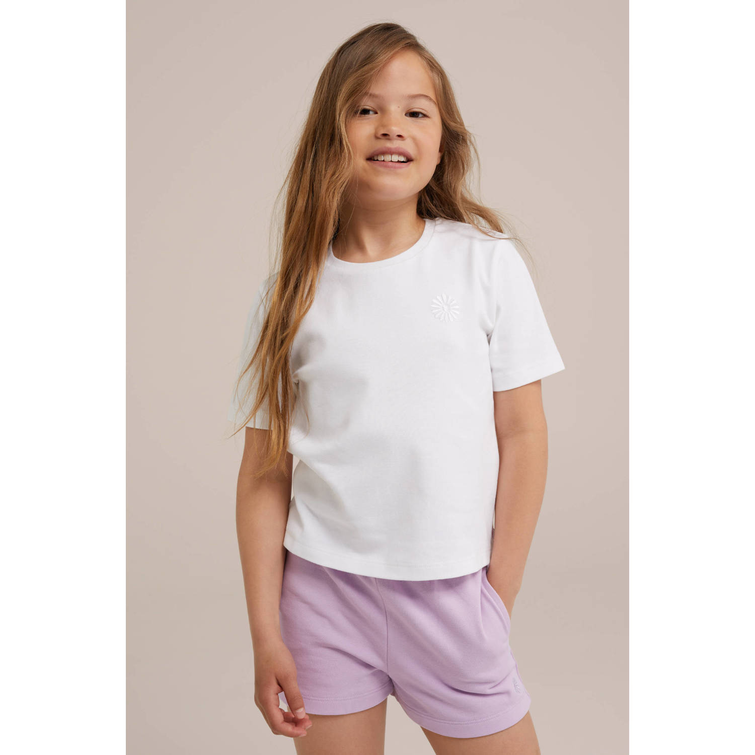 WE Fashion T-shirt wit Paars Meisjes Katoen Ronde hals Effen 134 140