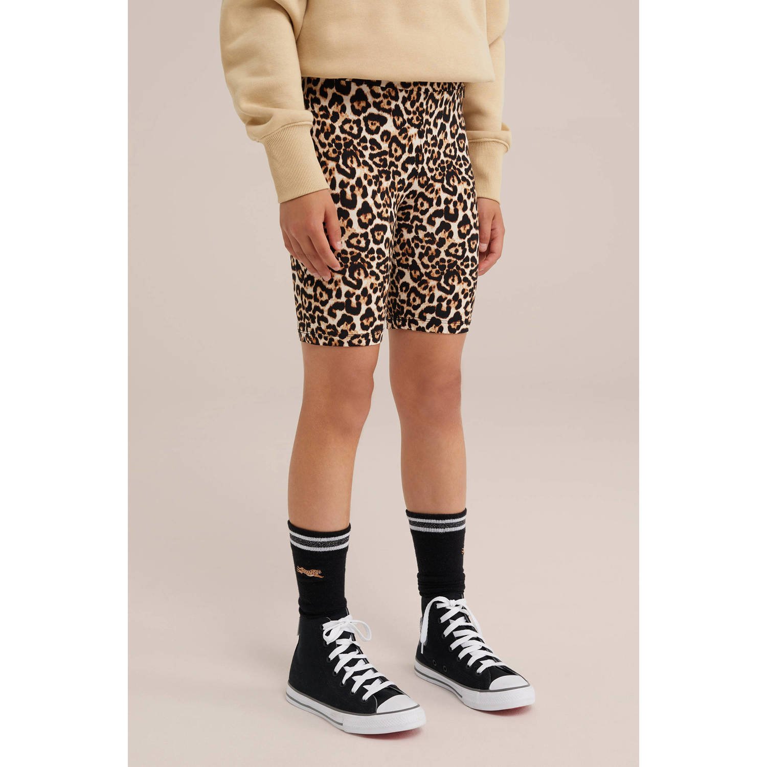 WE Fashion slim fit cycling short biker short met dierenprint bruinb zand Korte broek Meisjes Viscose 122 128