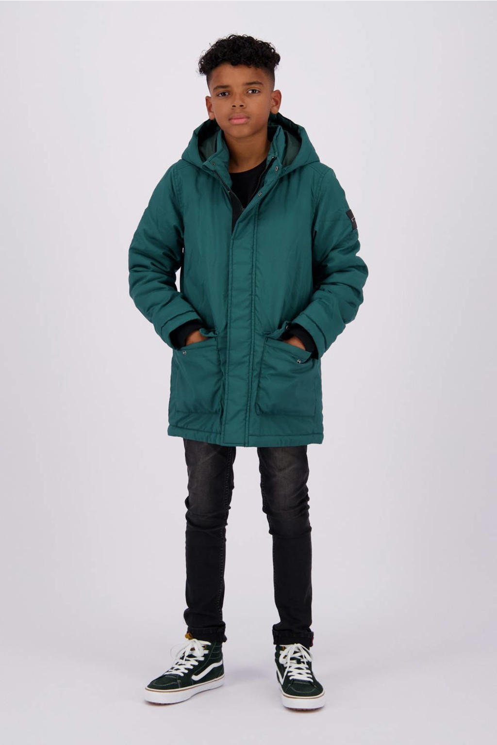Groene jongens Raizzed gewatteerde winterjas Tafo van polyester met effen, lange mouwen, capuchon en rits- en drukknoopsluiting