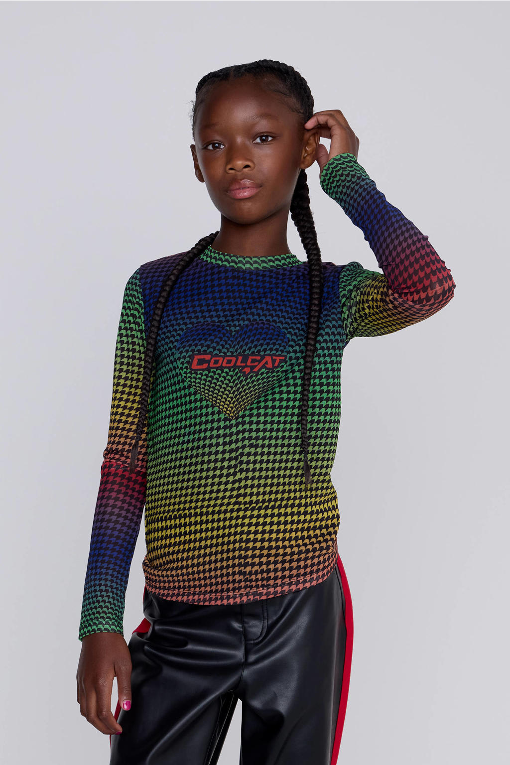 Multikleurige meisjes Coolcat Longsleeve Rainbow Mesh Top met pied de poule dessin en lange mouwen