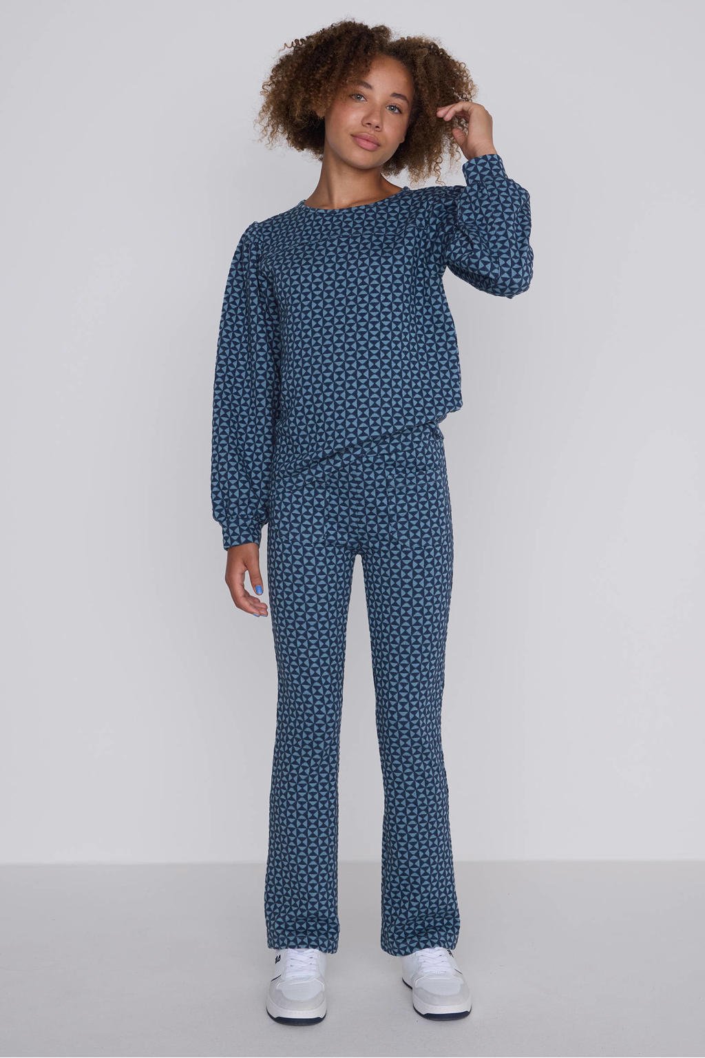 Donkerblauwe meisjes Coolcat Sweater Nina Jacquard Patroon van polyester met lange mouwen, ronde hals en knoopsluiting