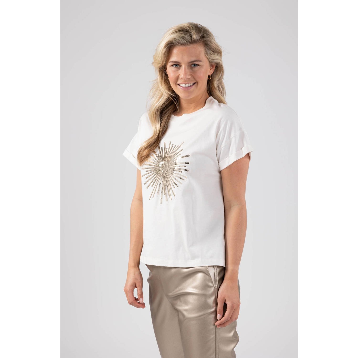 NUKUS T-shirt Albufeira met printopdruk en glitters crème goud