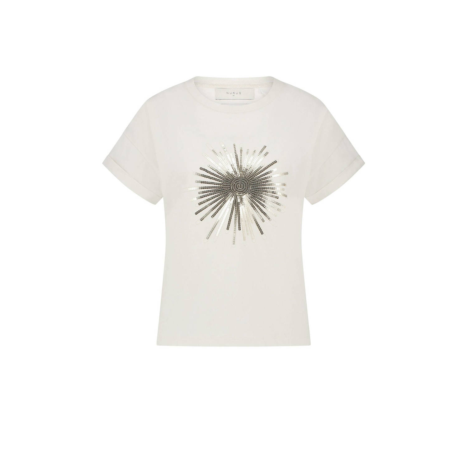 NUKUS T-shirt Albufeira met printopdruk en glitters crème goud