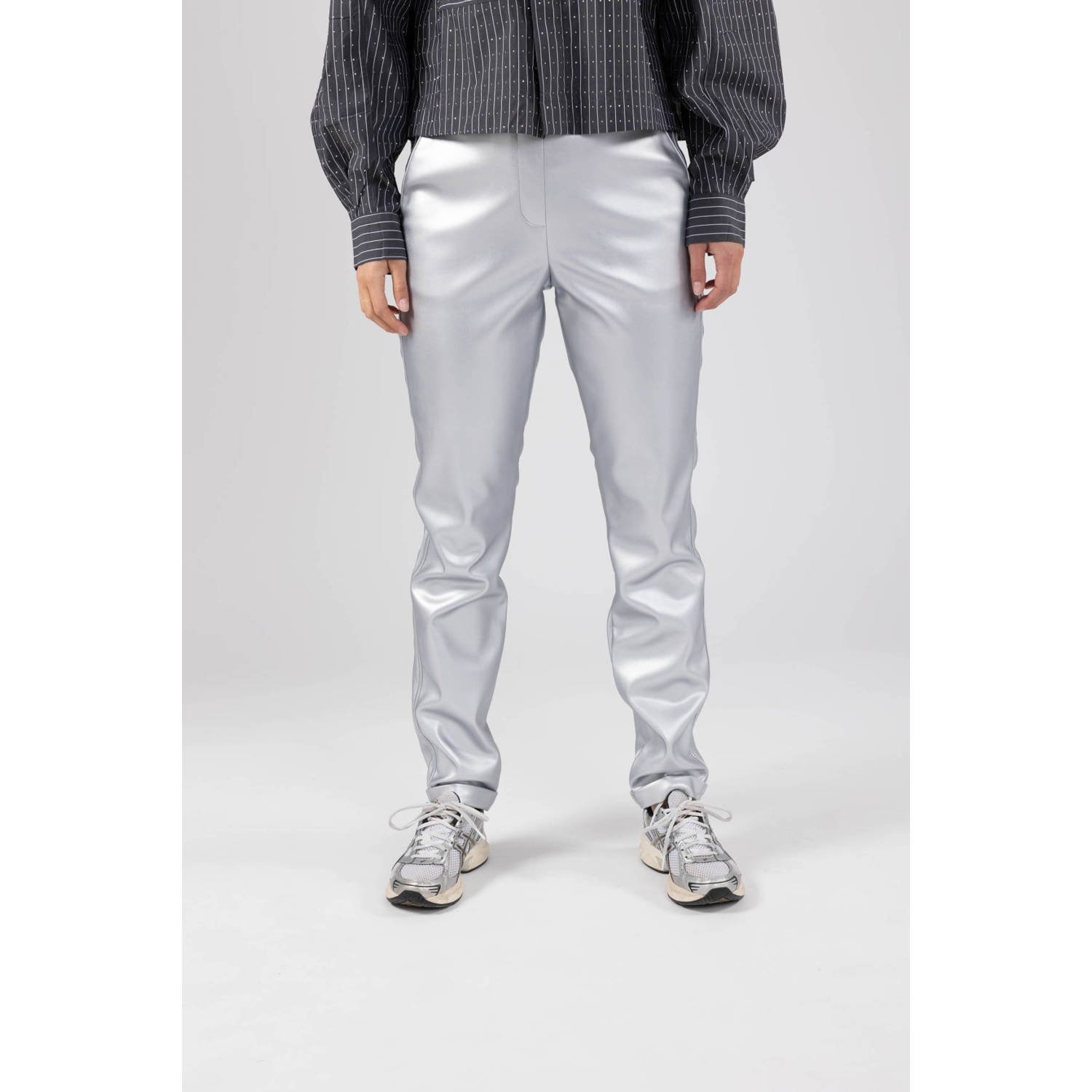 NUKUS slim fit broek Roos zilver