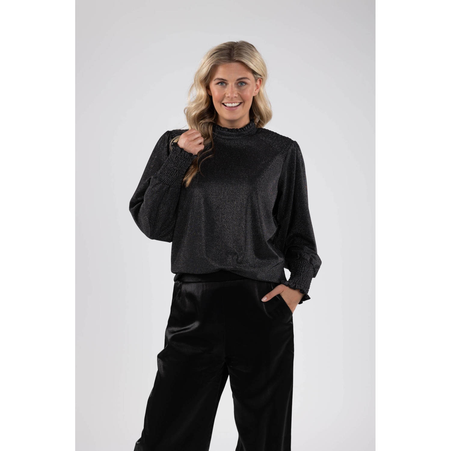 Nukus Merida Top Smock Lange Mouw Black Dames