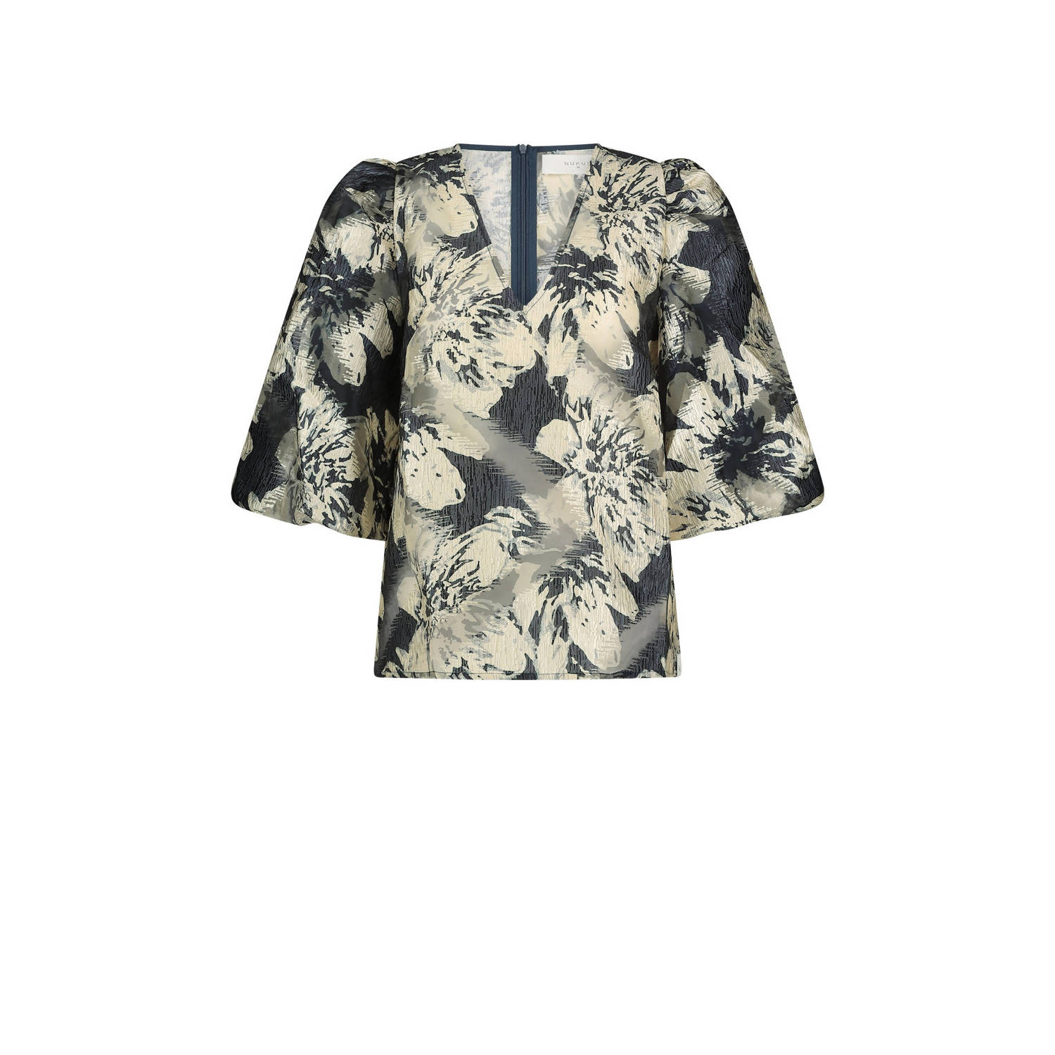 NUKUS gebloemde blousetop Delilah donkerblauw zilver wit