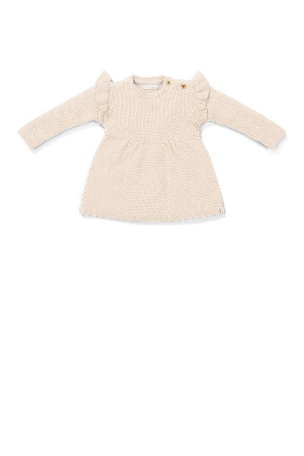 Ecru meisjes Little Dutch baby jurk van katoen met effen, lange mouwen, ronde hals, knoopsluiting en ruches