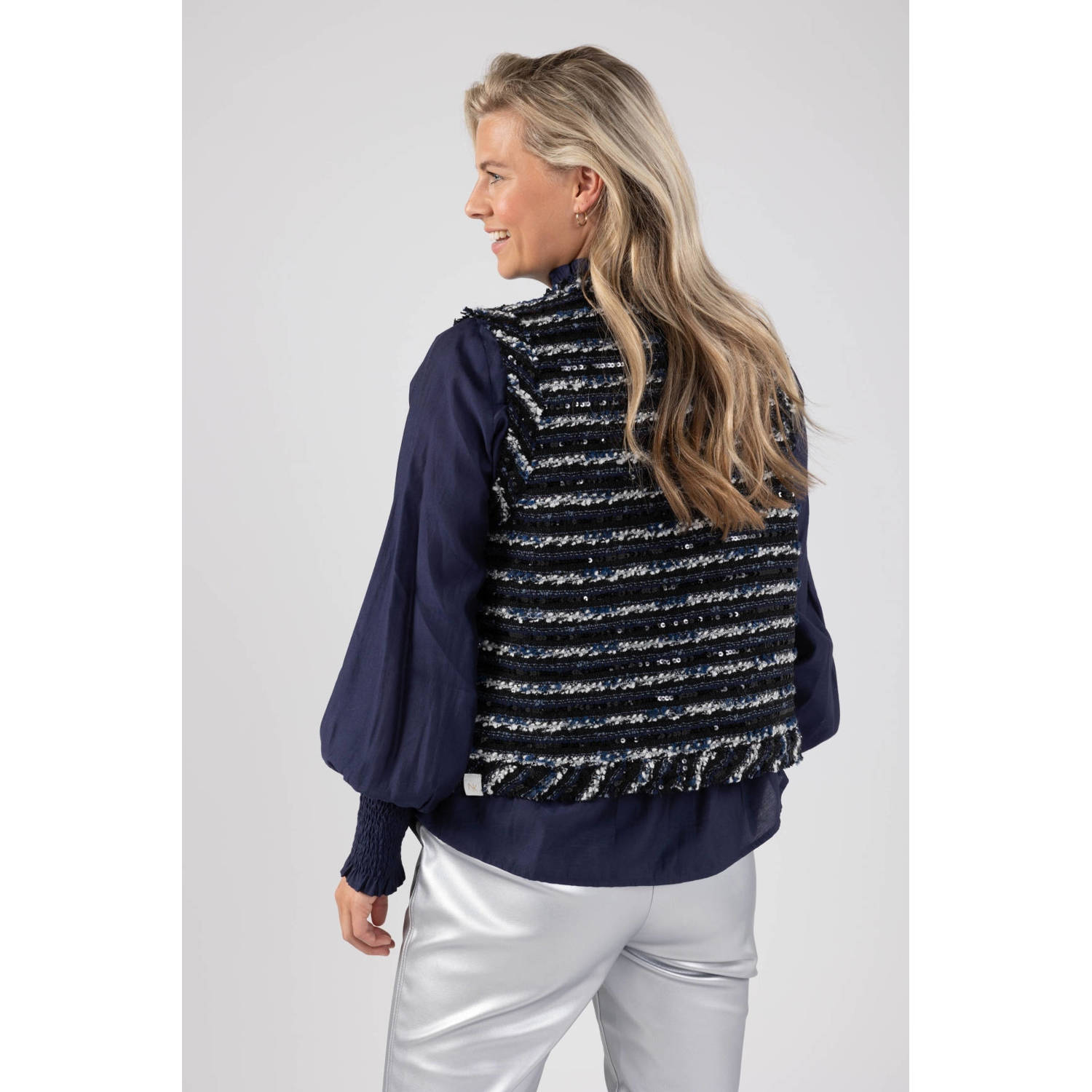 NUKUS gestreept gilet Taylor donkerblauw grijs zilver