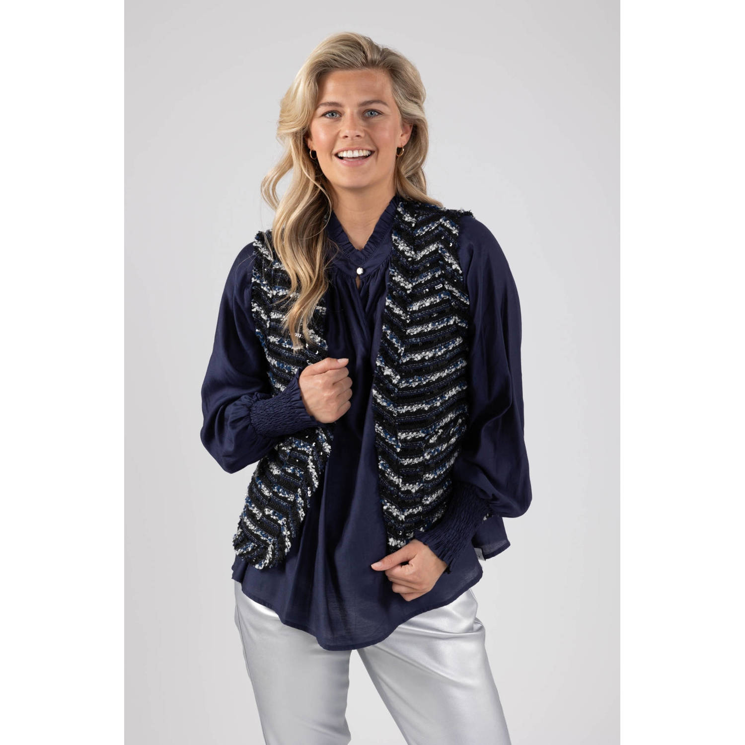 NUKUS gestreept gilet Taylor donkerblauw grijs zilver