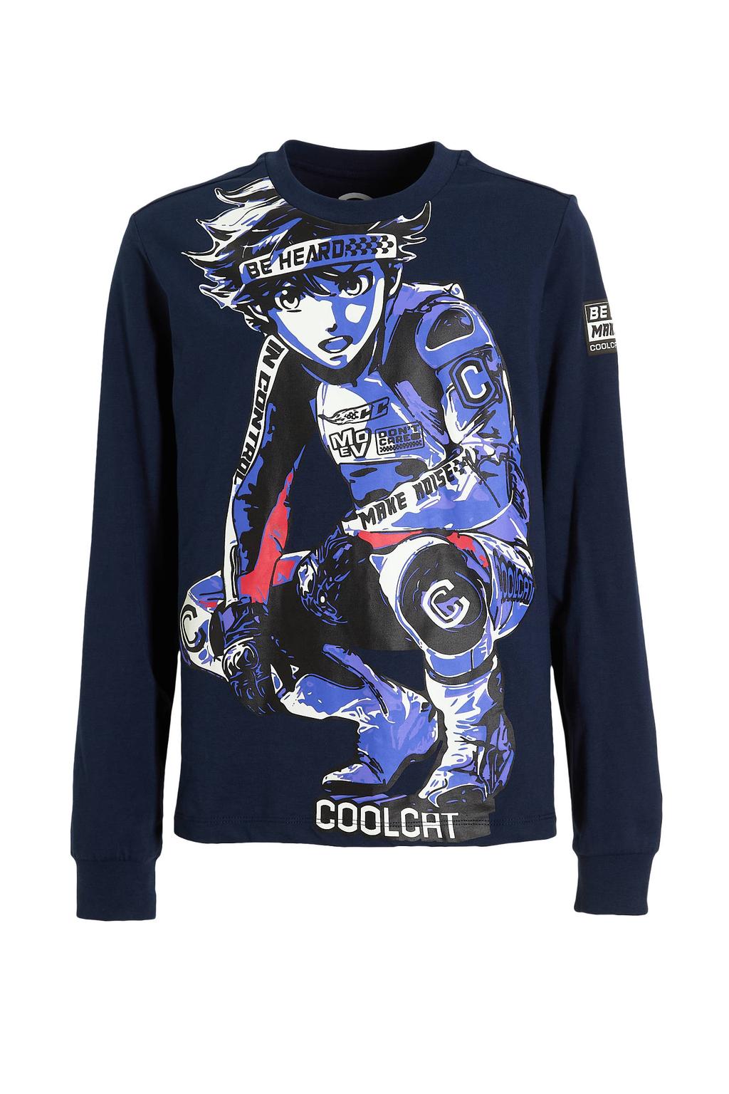 Donkerblauwe jongens Coolcat longsleeve T-shirt Theo Boy Print van katoen met lange mouwen en ronde hals