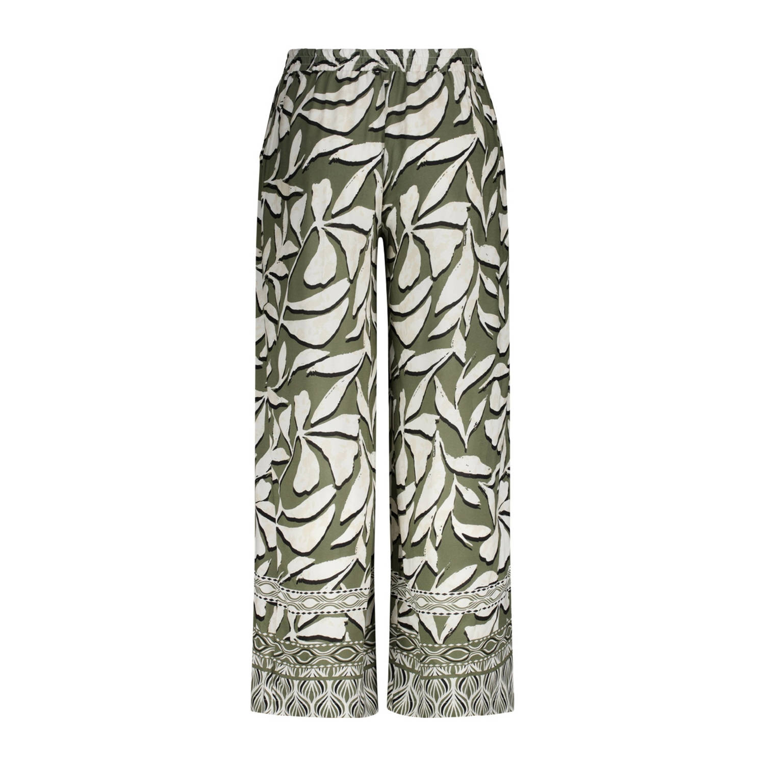 MS Mode wide leg pantalon met bladprint groen ecru