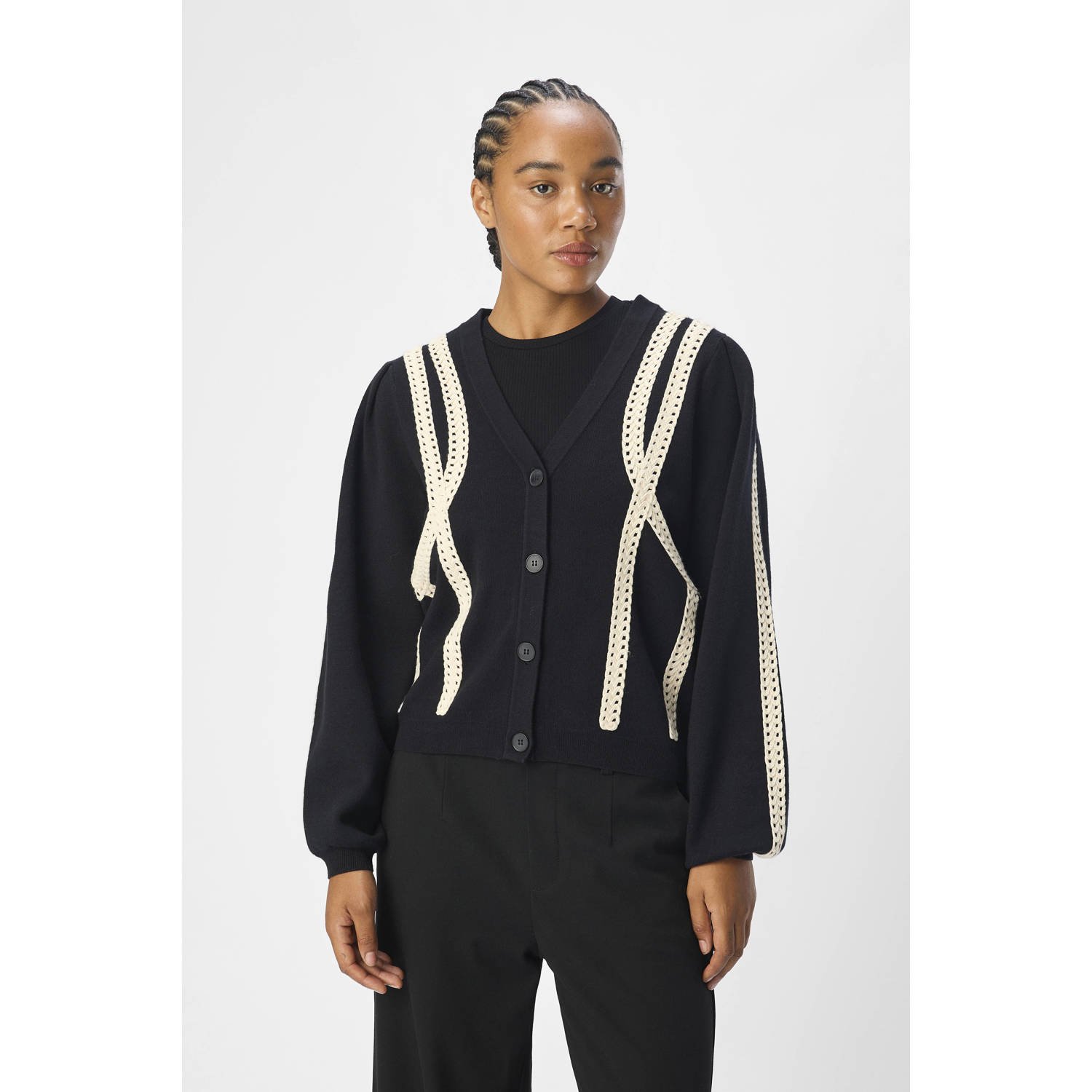 OBJECT vest OBJULLIA met contrastbies zwart beige