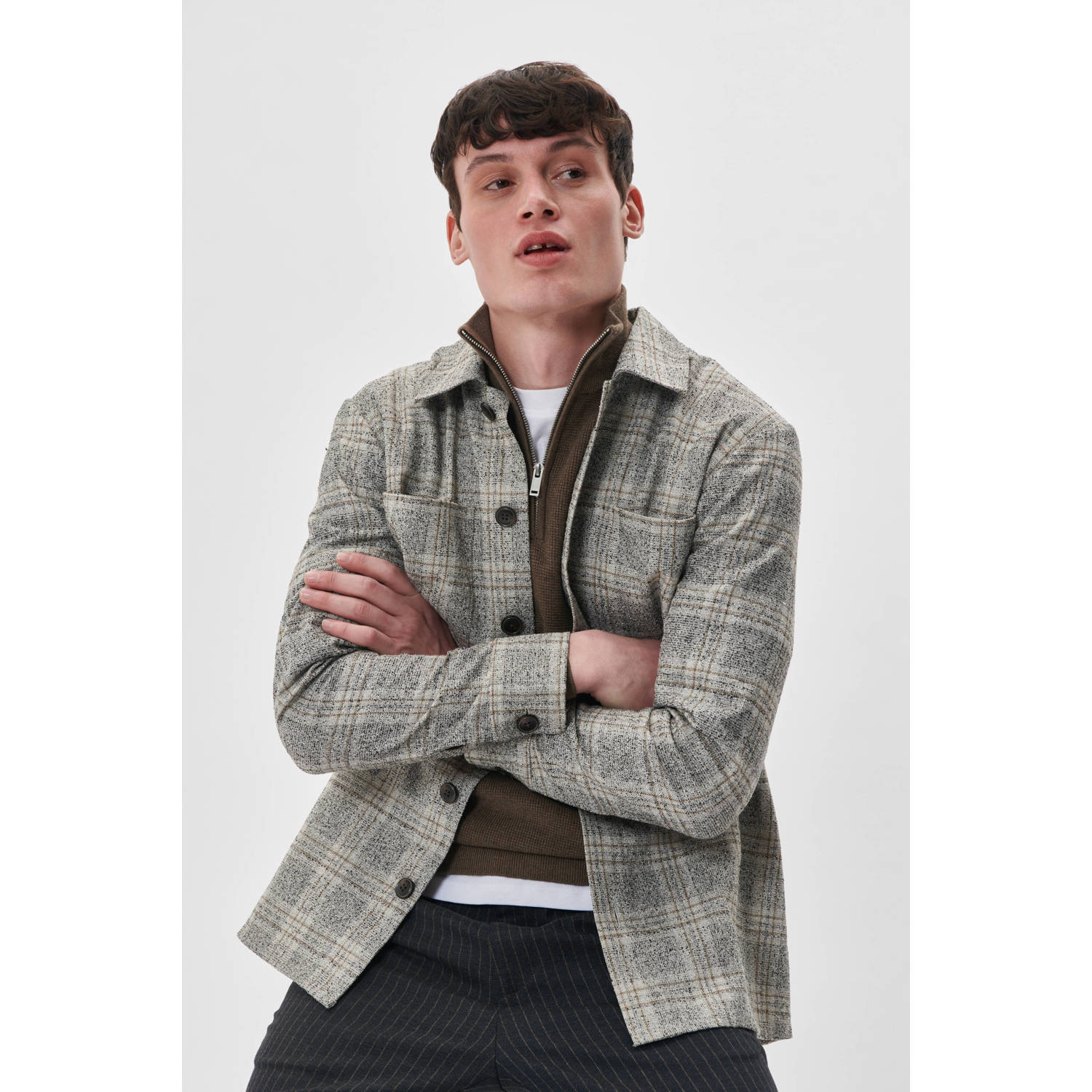 Matinique geruit overshirt MAdamo P met wol taupe