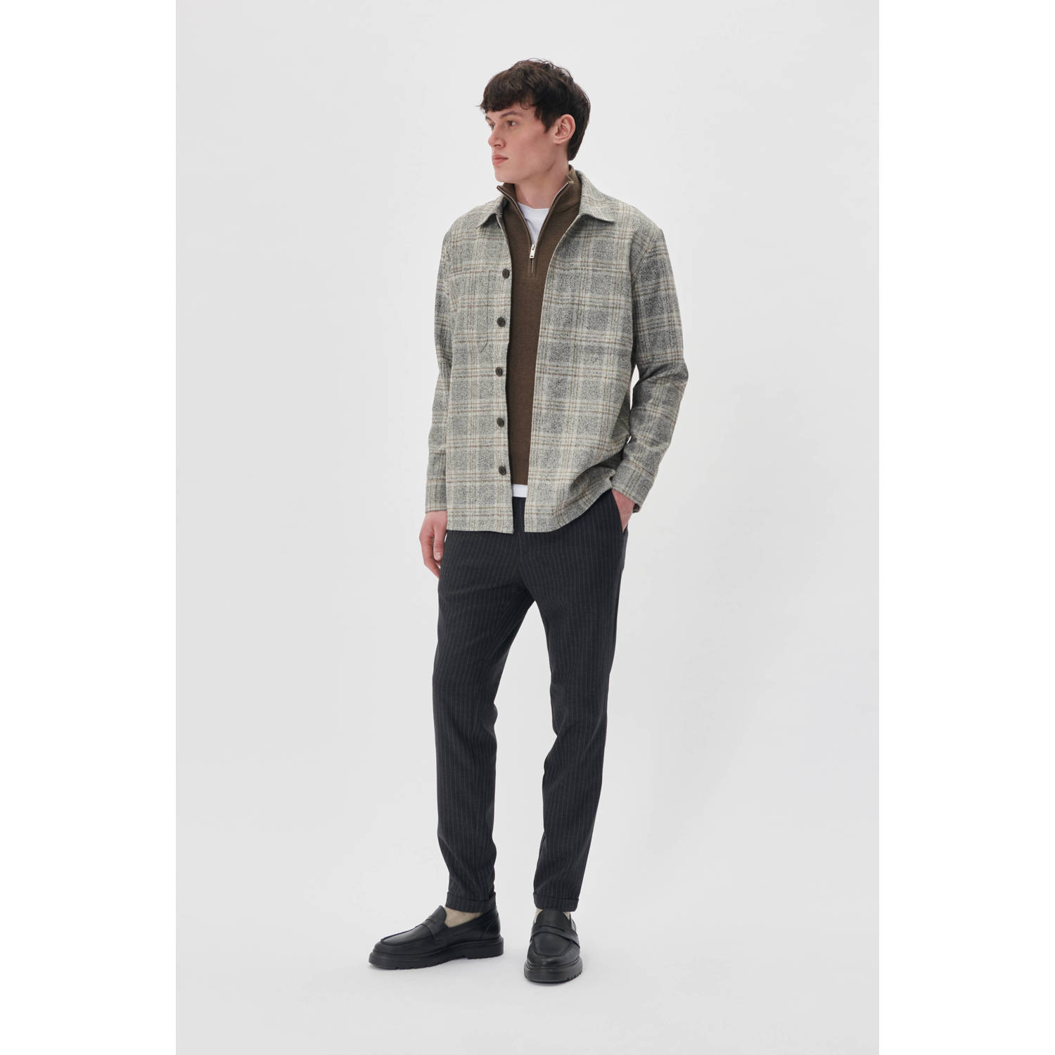 Matinique geruit overshirt MAdamo P met wol taupe