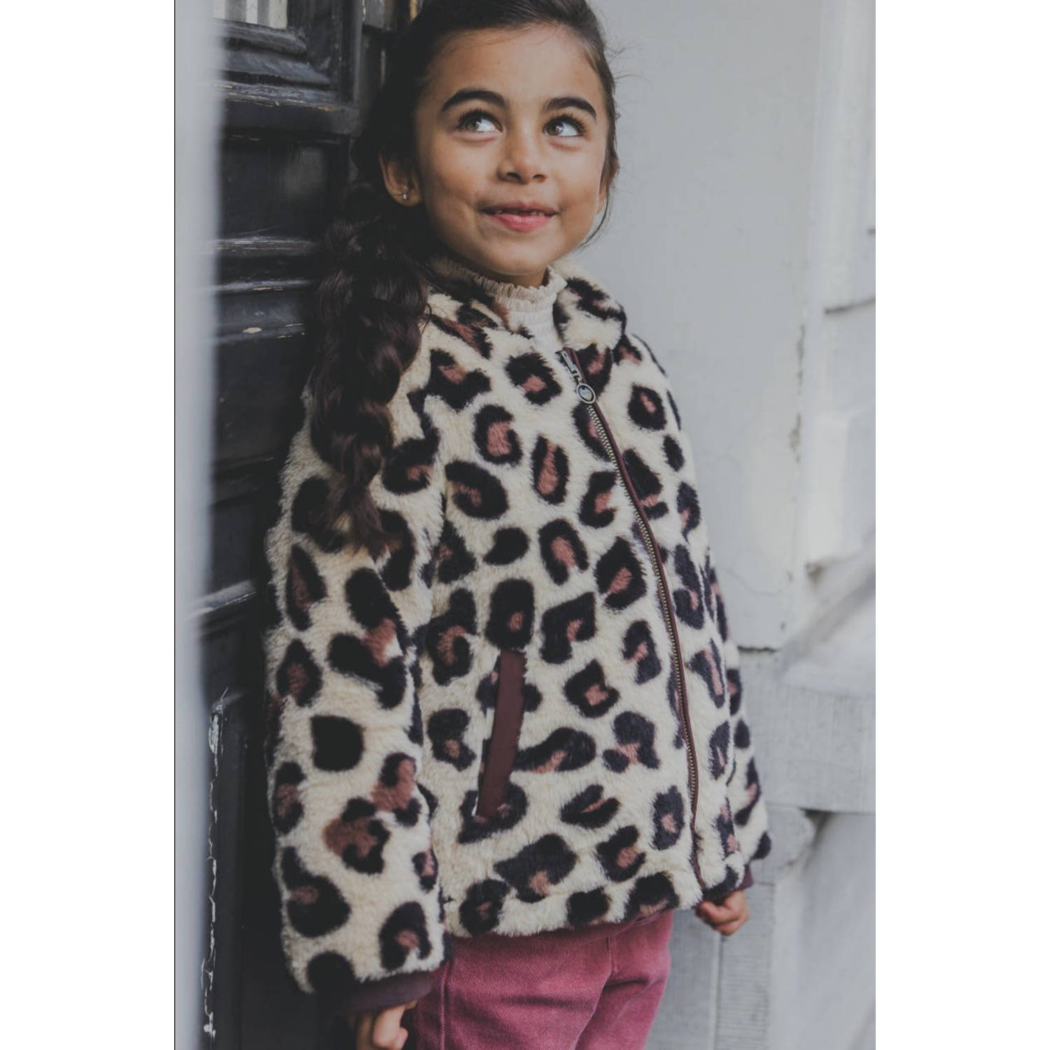 LOOXS little reversibe winterjas met panterprint bruin beige
