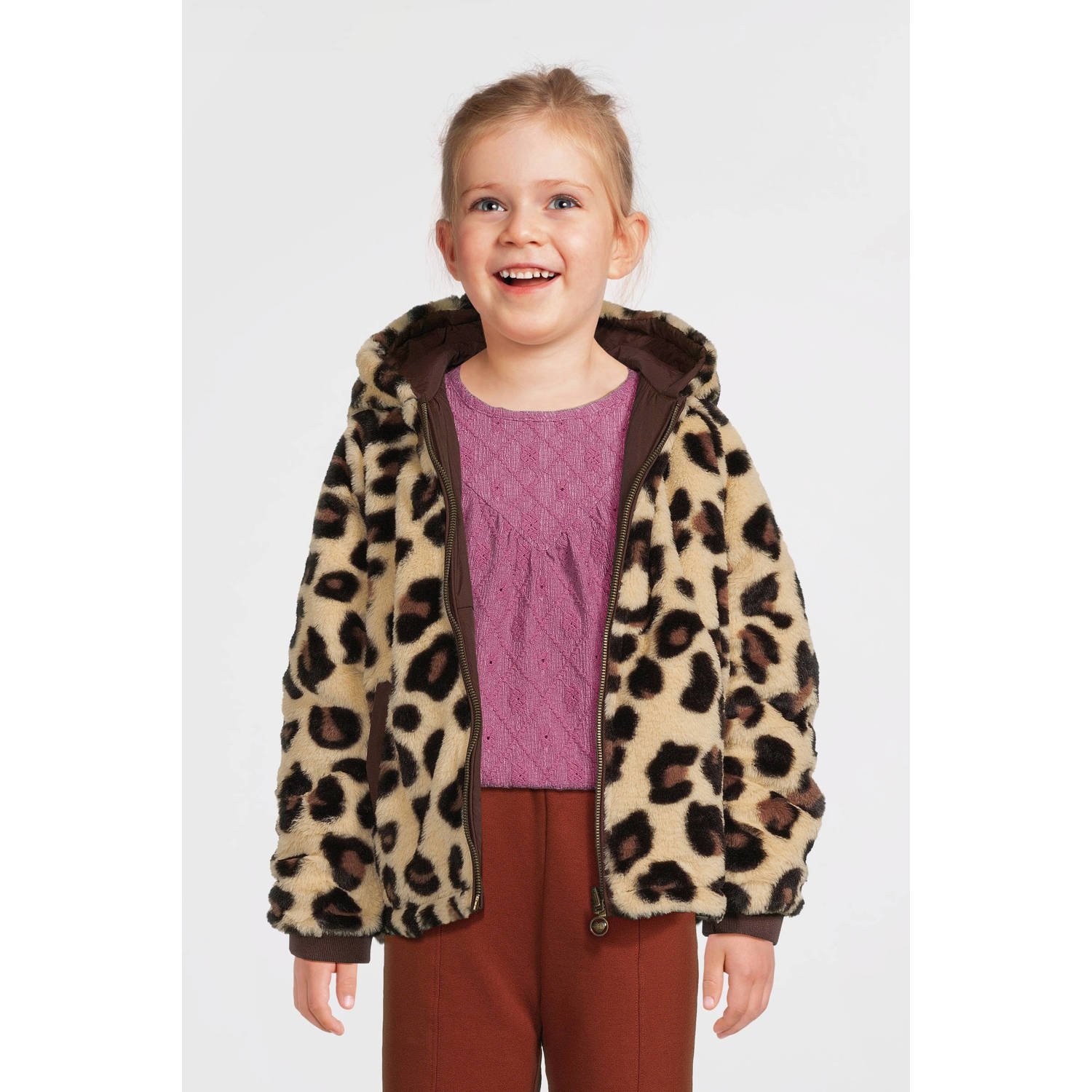 LOOXS little reversibe winterjas met panterprint bruin beige