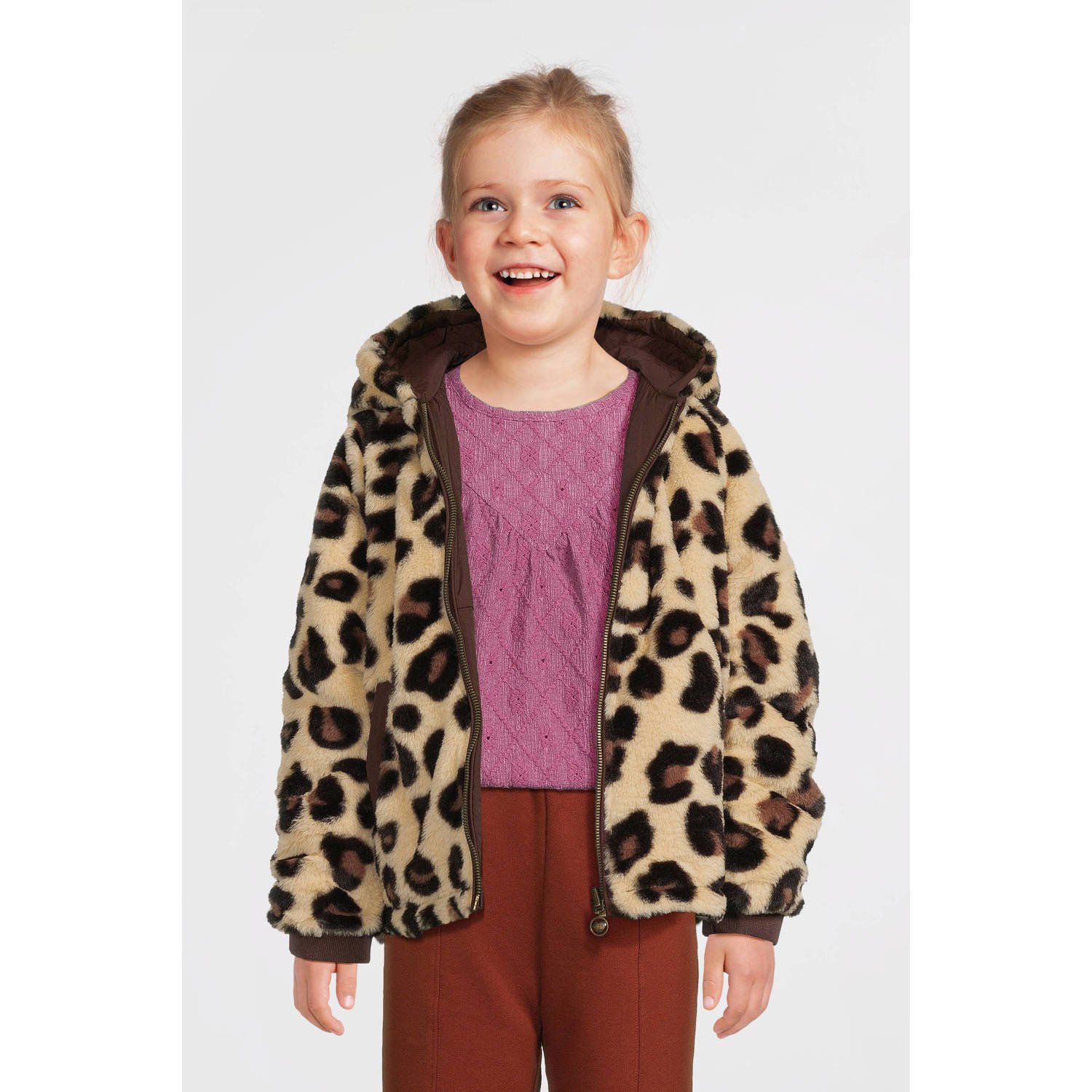 LOOXS little tussenjas met panterprint bruin Meisjes Polyester Capuchon 128