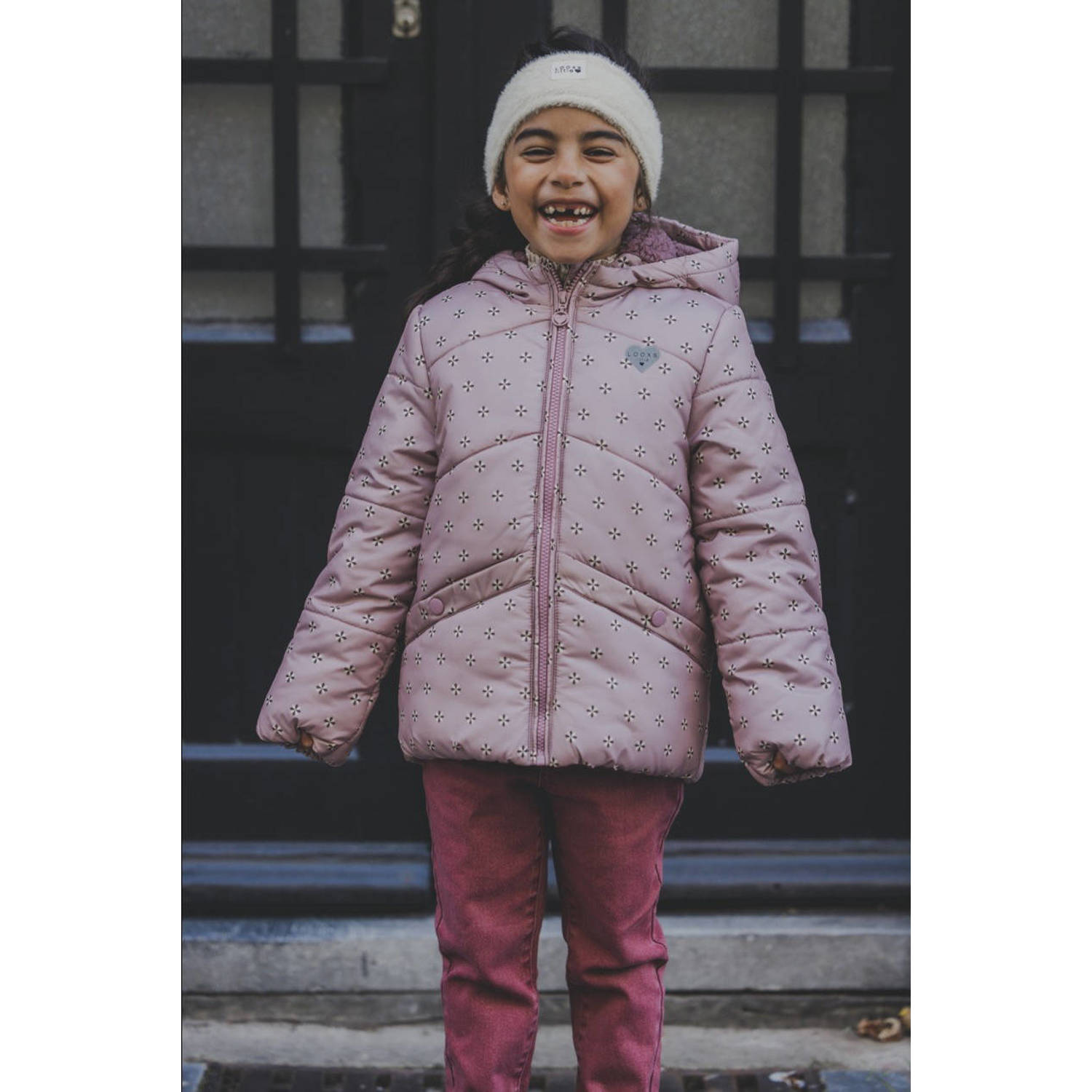 LOOXS little gewatteerde winterjas met all over print roze