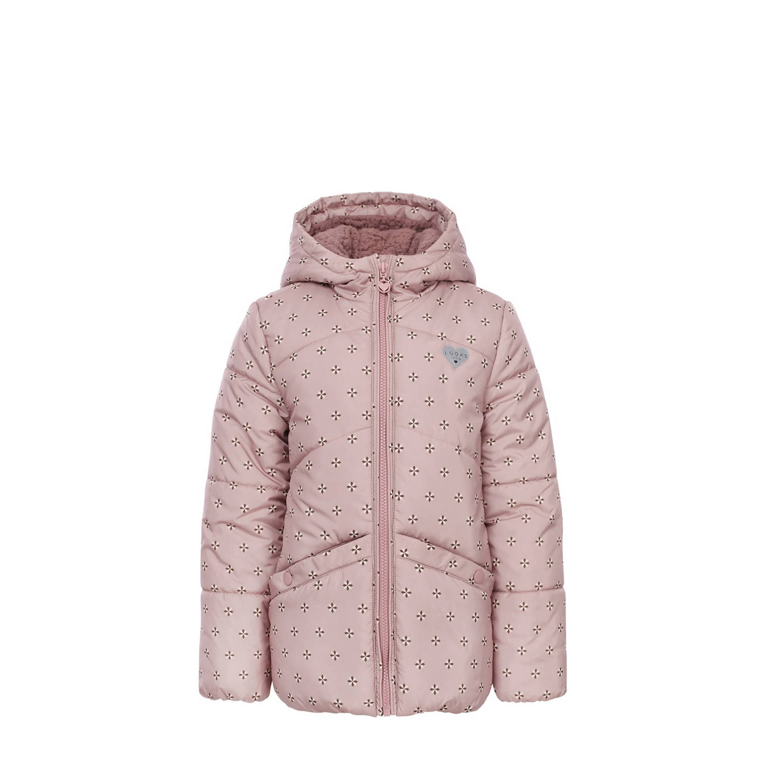 LOOXS little gewatteerde winterjas met all over print roze