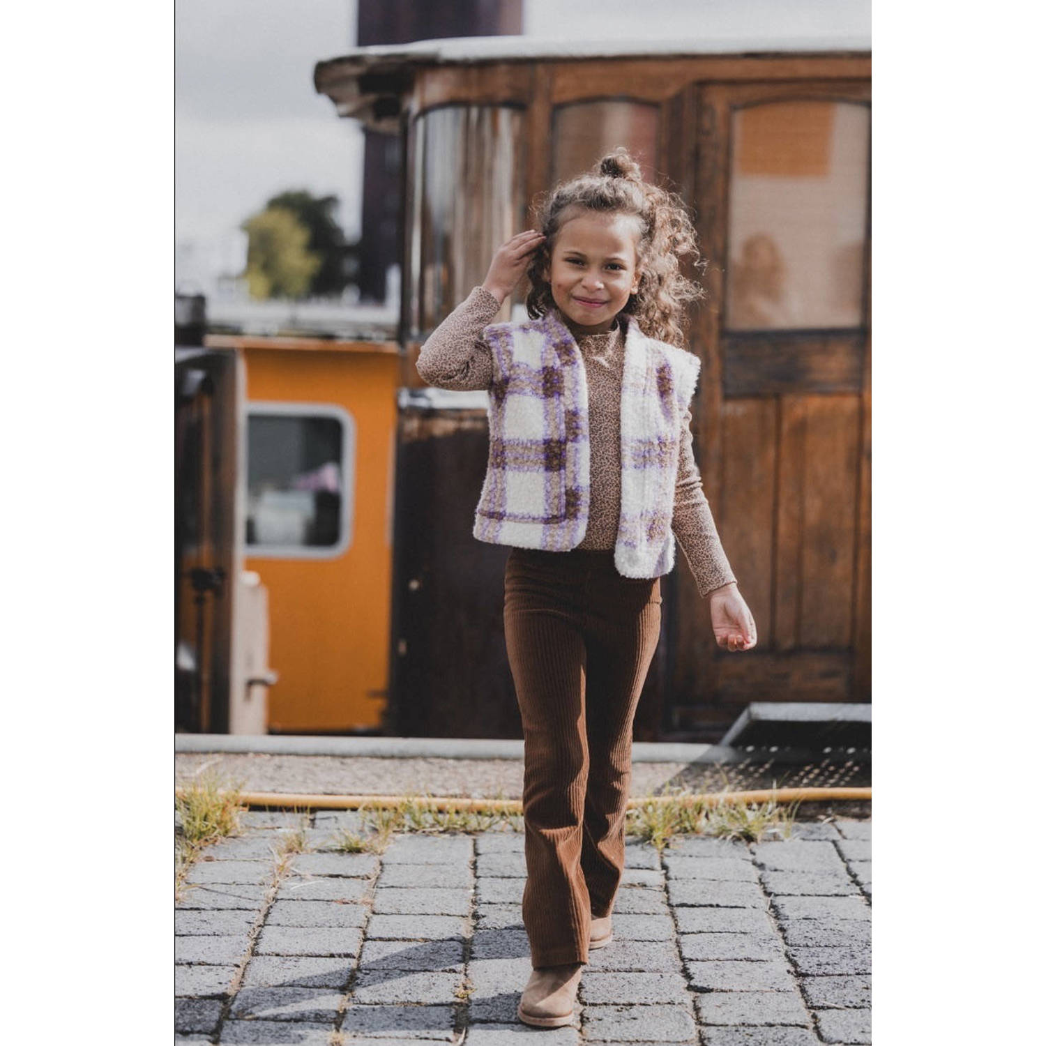 LOOXS little geruit gilet ecru paars