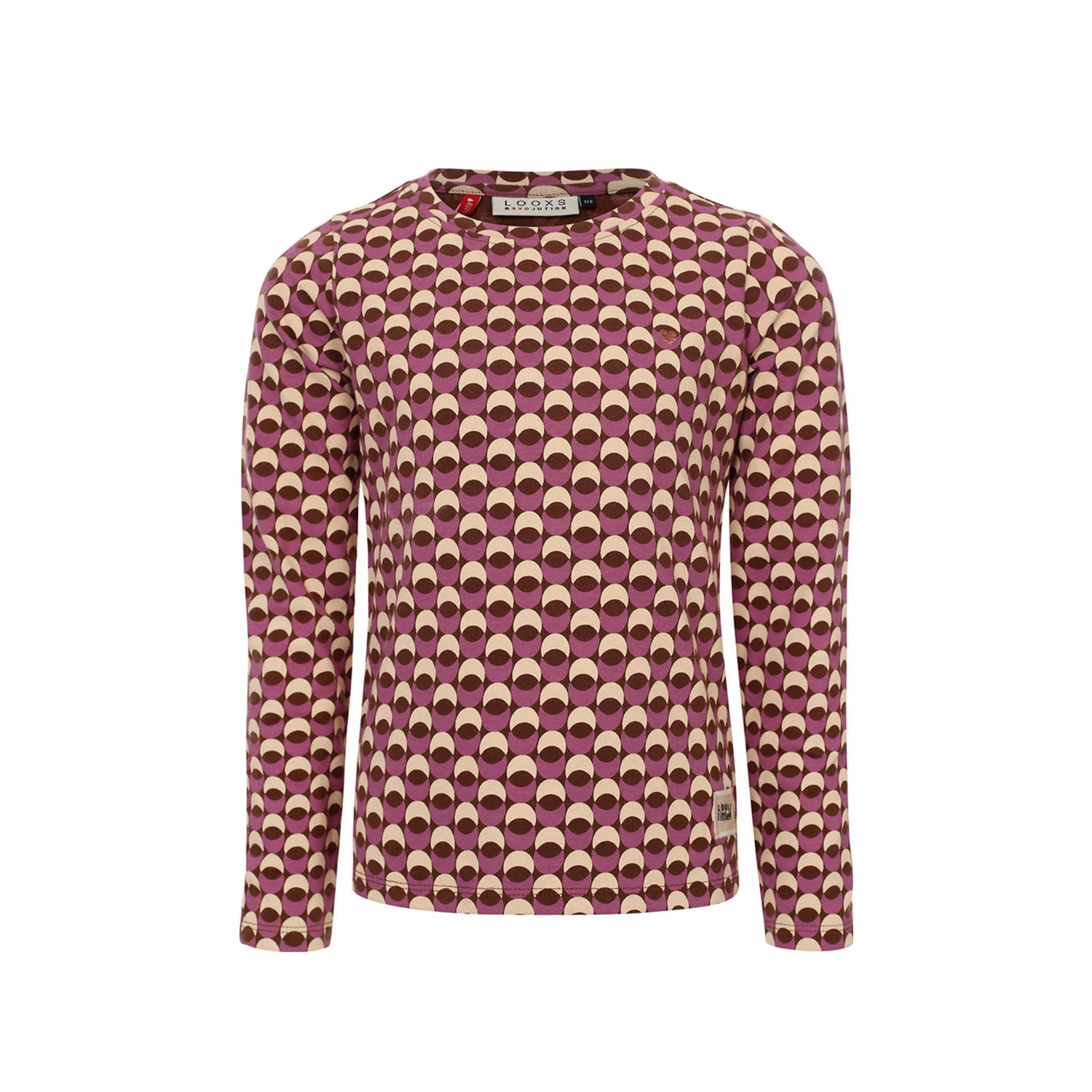 LOOXS little longsleeve met all over print paars bruin ecru Multi Meisjes Stretchkatoen Ronde hals 134