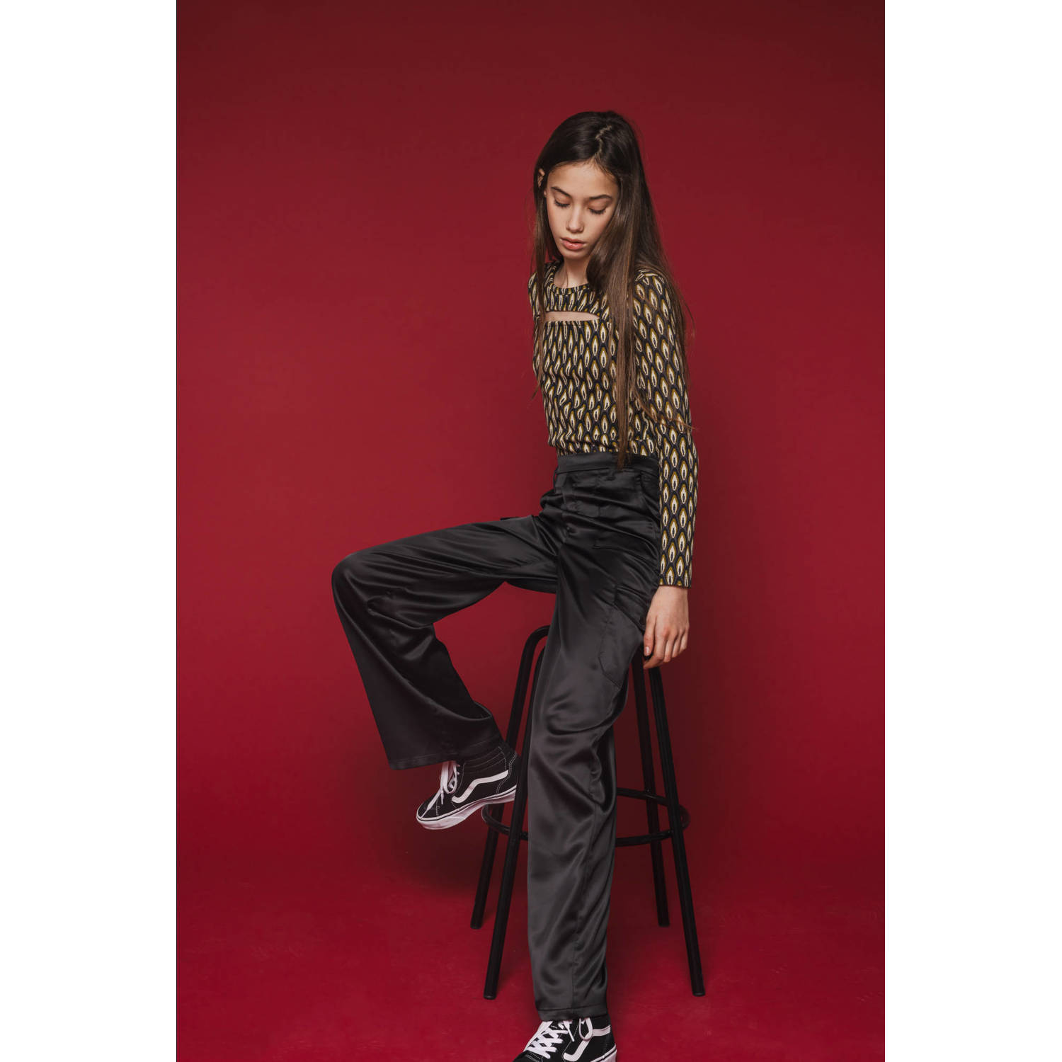 LOOXS 10sixteen top met all over print en open detail mosgoen zwart