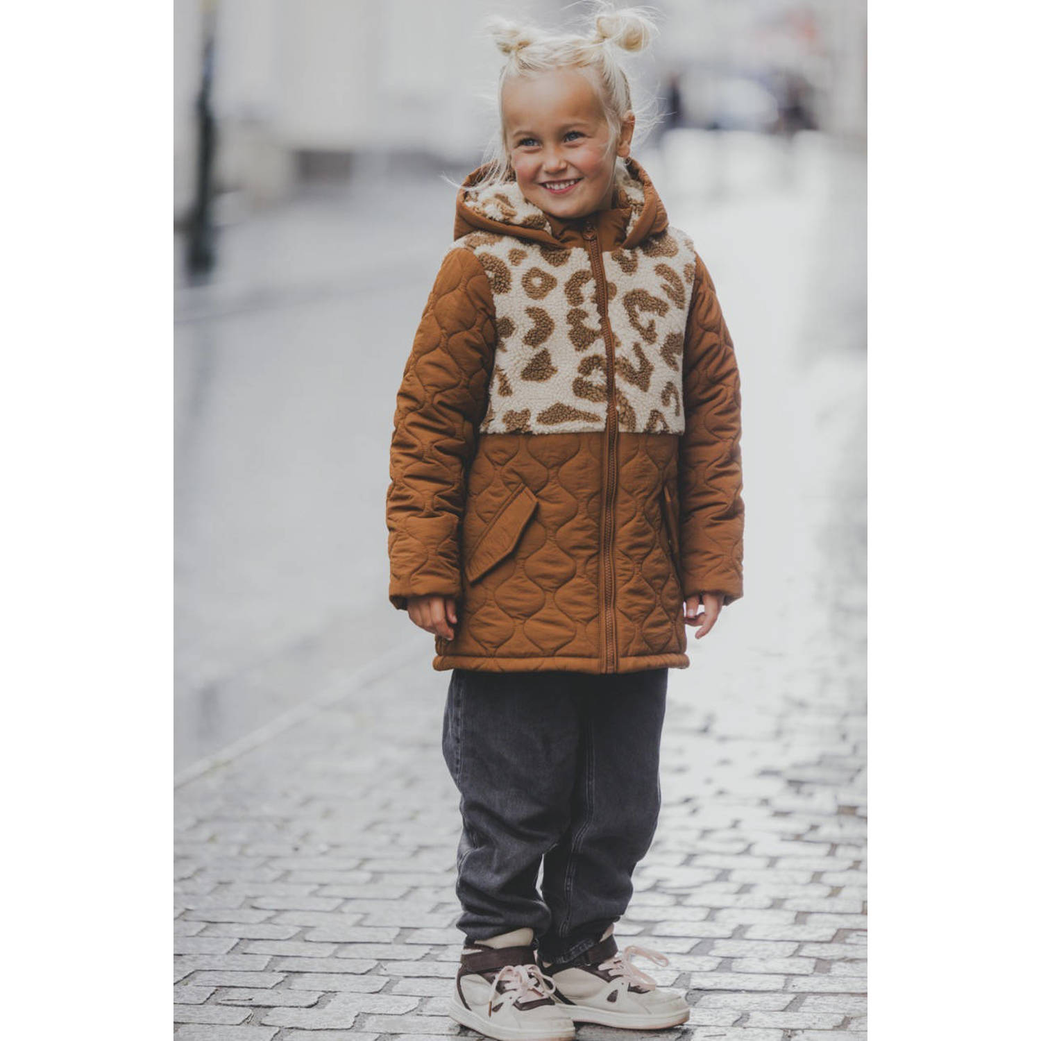 LOOXS little gewatteerde jas met panterprint bruin