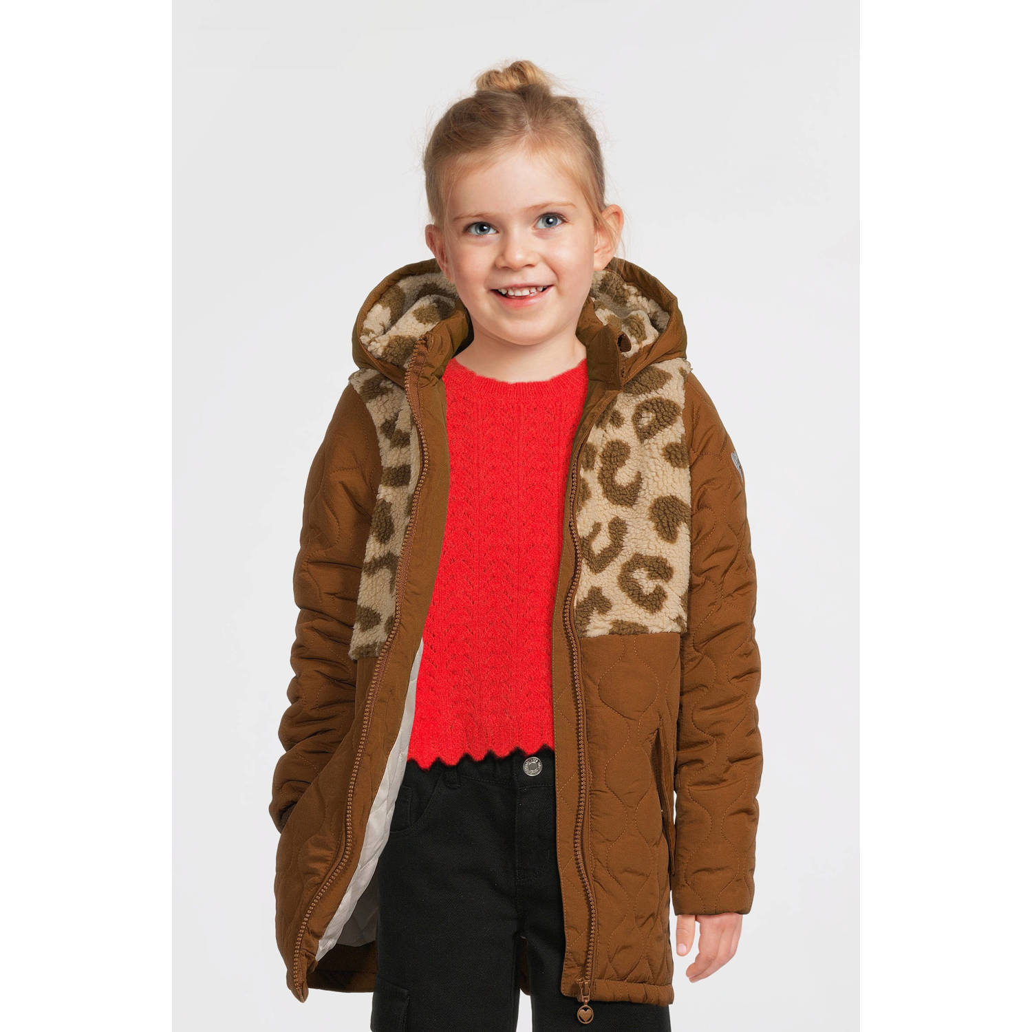 LOOXS little gewatteerde jas met panterprint bruin Meisjes Polyester Capuchon 116