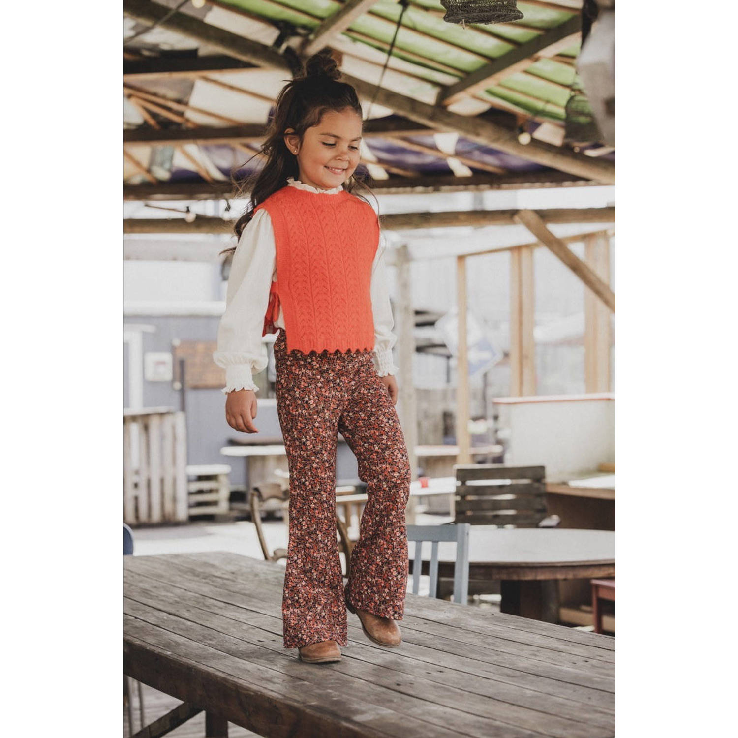 LOOXS little gebloemde flared broek oranje