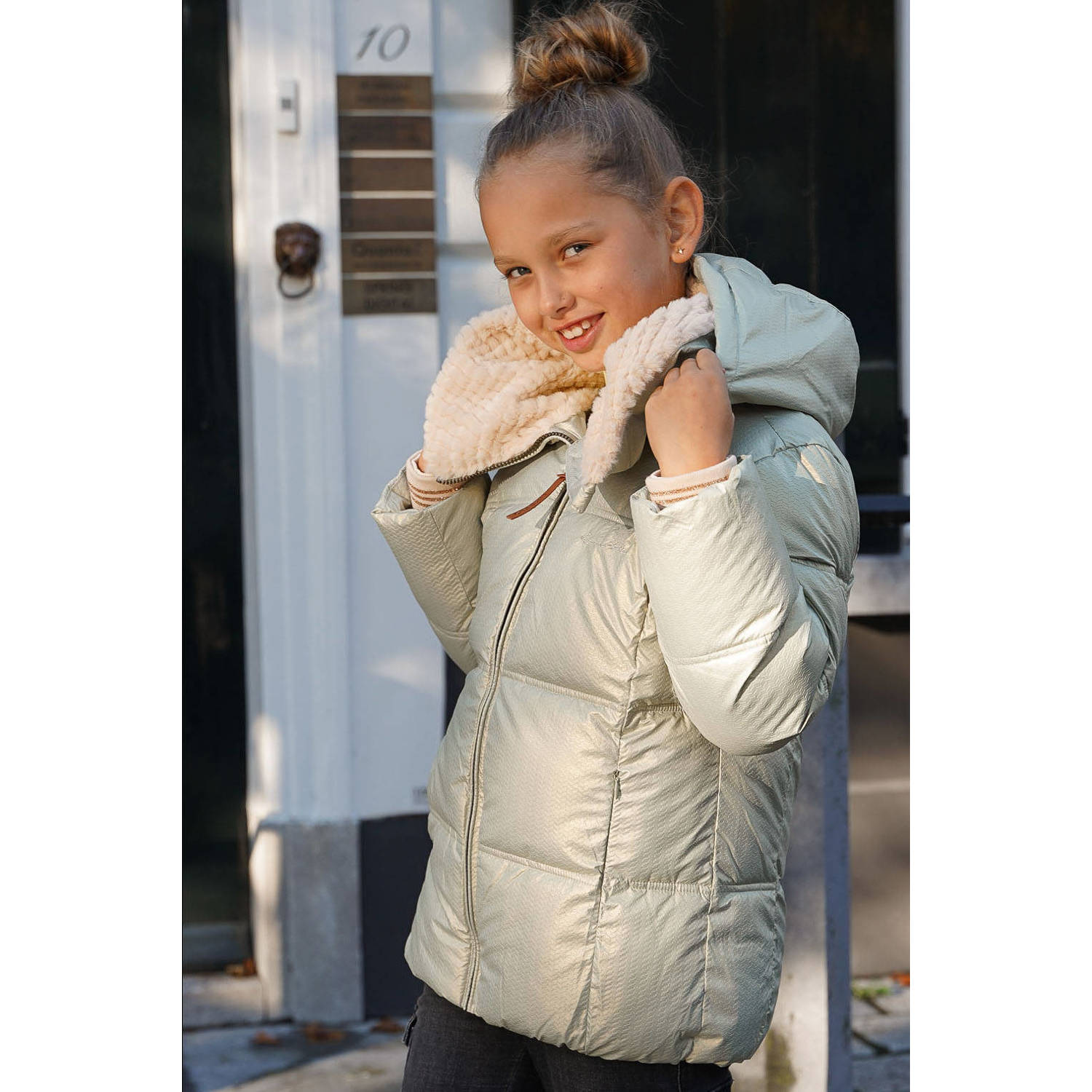 Like Flo quilted gewatteerde winterjas Amaya zachtgroen metallic beige