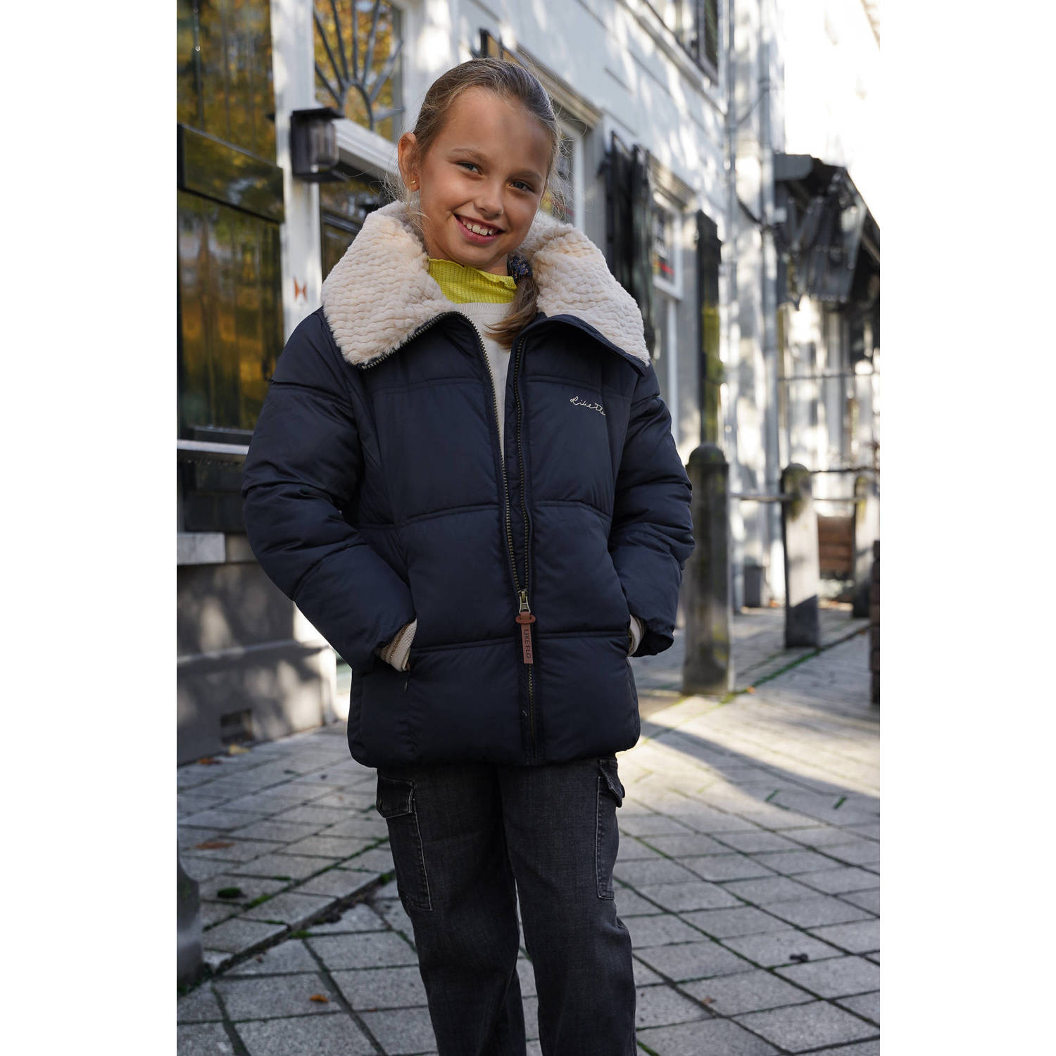 Like Flo quilted gewatteerde winterjas Amaya donkerblauw beige