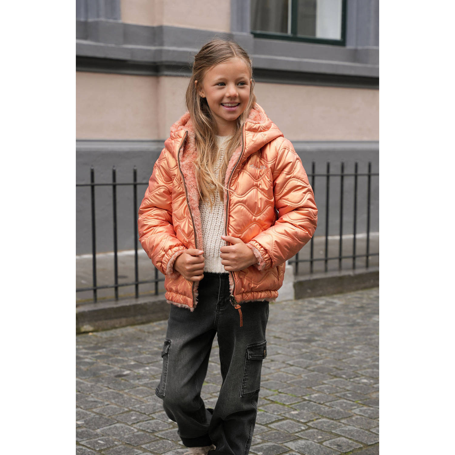 Like Flo reversible gewatteerde winterjas Aimee oranje beige