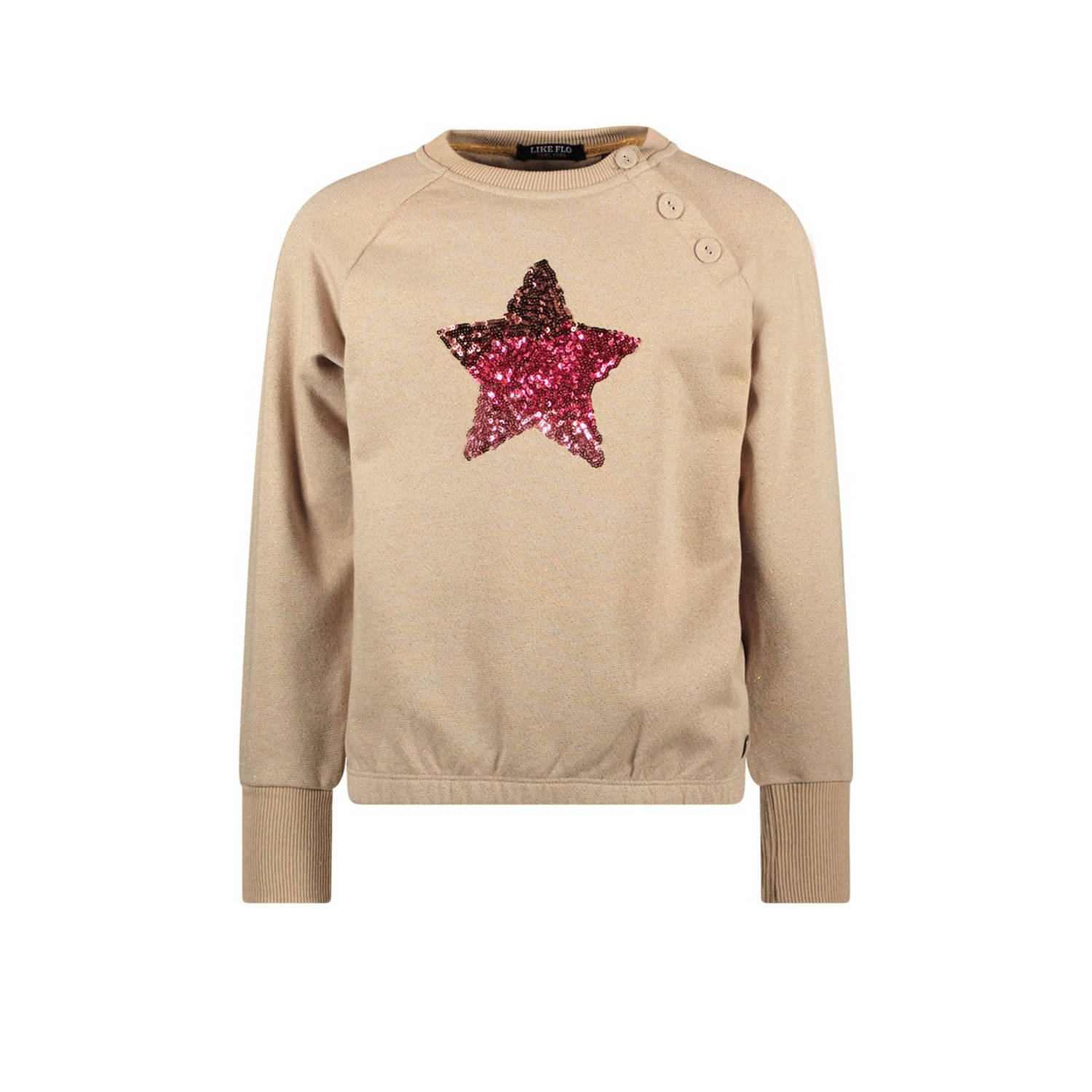 Like Flo sweater Davina met printopdruk en pailletten lichtbruin